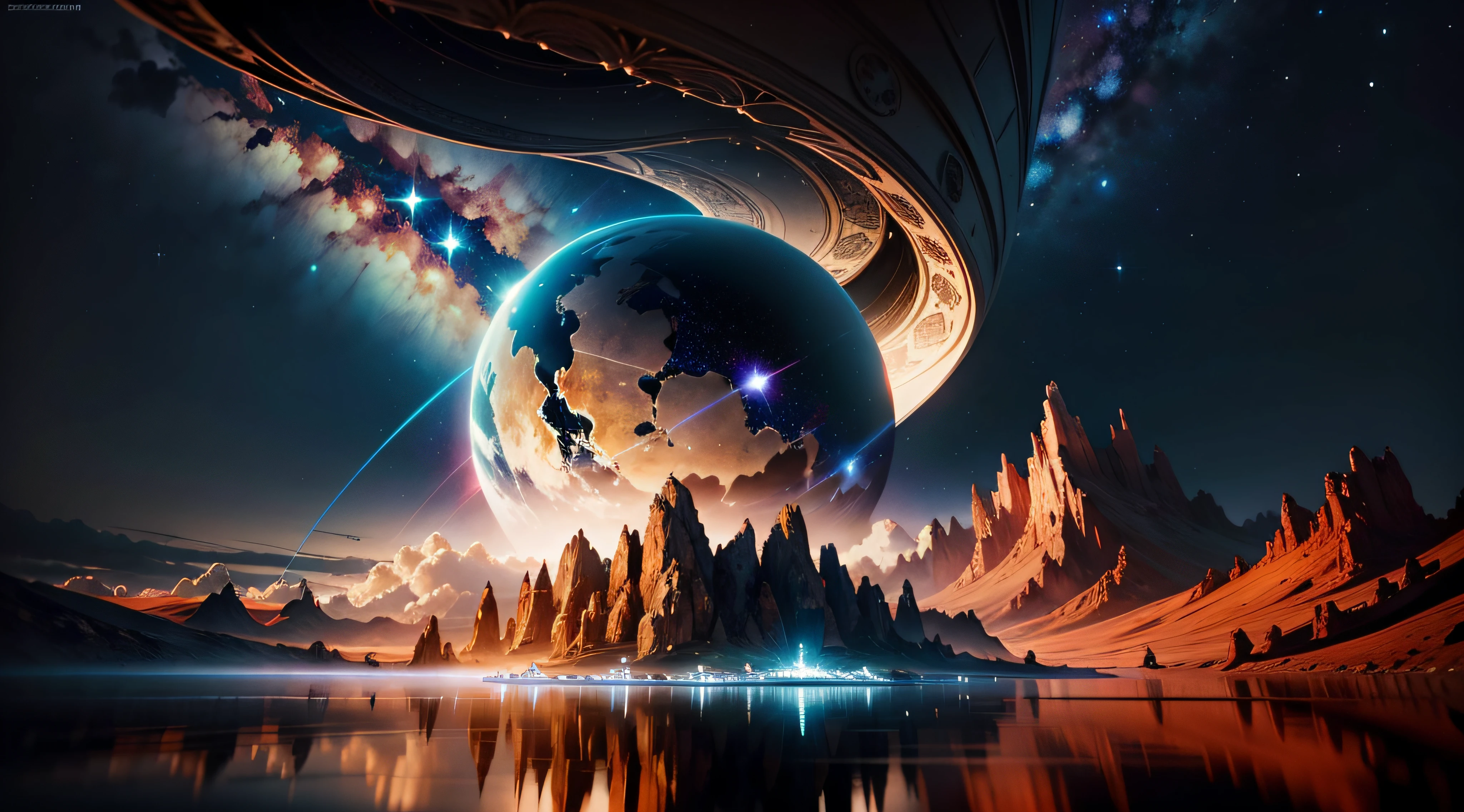 Create images depicting breathtaking surrealist planets. On this planet, The sky is dotted with numerous stars, Create a breathtaking view,Reminiscent of the wonders of the universe.
The image is intended to achieve the status of a masterpiece, to this end, Realism should be the central focus. Every detail must be thoroughly worked out, Give depth to the scene from lighting and detail shadows, Even well-expressed reflection,It also enriches the composition。.
The colors should be bright and rich, Highlight the surreal beauty of the earth. A faint glow should be used to evoke a sense of magic and charm. The sky should be decorated with magnificent clouds,Add life to your scene.
The performance of the stars in the sky is crucial to creating the spectacular scenery required. Each star must be carefully rendered, Contribute to the image of the celestial atmosphere. Symmetry and depth in the composition must be explored,to create captivating visuals.
Advanced rendering techniques are recommended for impressive realism. Detailed textures should be used to enrich each element of the image