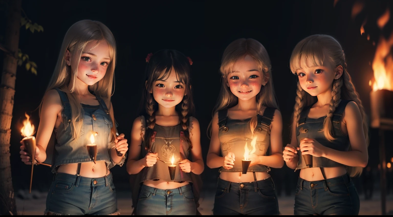 4 Russian girls, with long hair, sleeveless denim jackets, shorts, cropped tops, night time, holding fire straw torches in hands, smiling