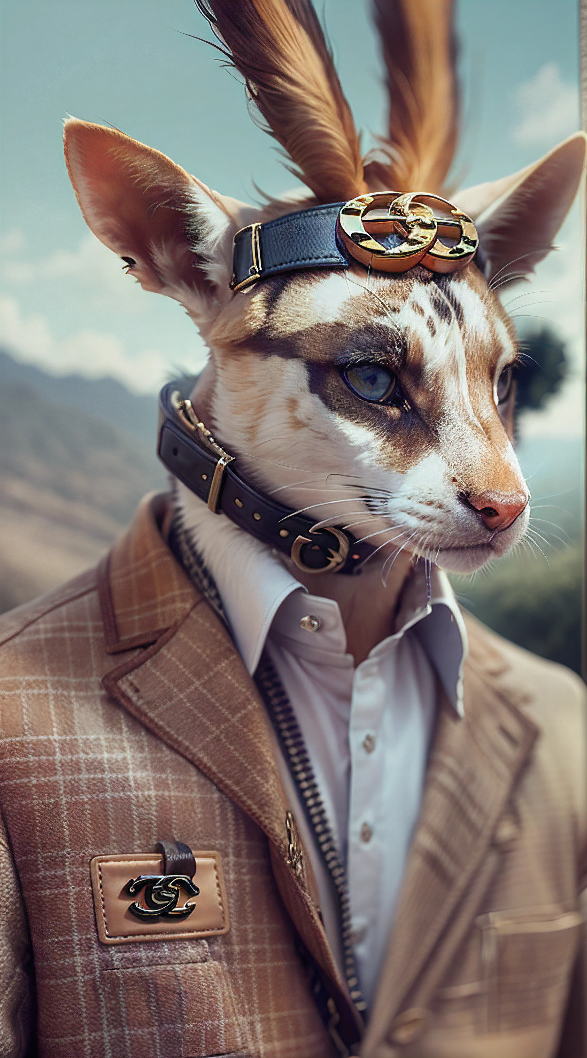 any animal, are wearing Louis Vuitton brand clothes, Zara, H&M, Hermes, Gucci, Chanel, Burberry, Prada, Coach, Armani, perfect body, side looking eyes, (masterpiece of photo manipulation), (stunning shots), (details eyes),