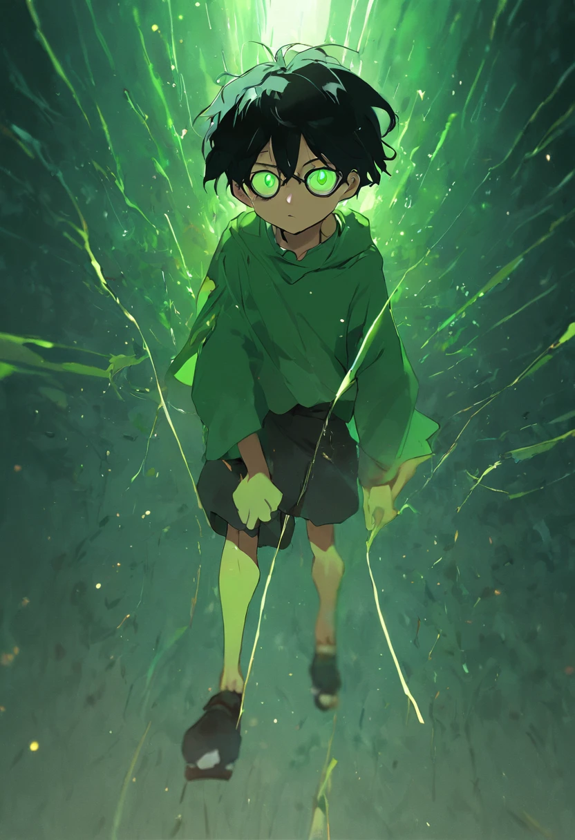 a teenager boy with black hair with eyeglasses, his body lifting up from the ground and being pushed by a green light, 4k, illustration, full.