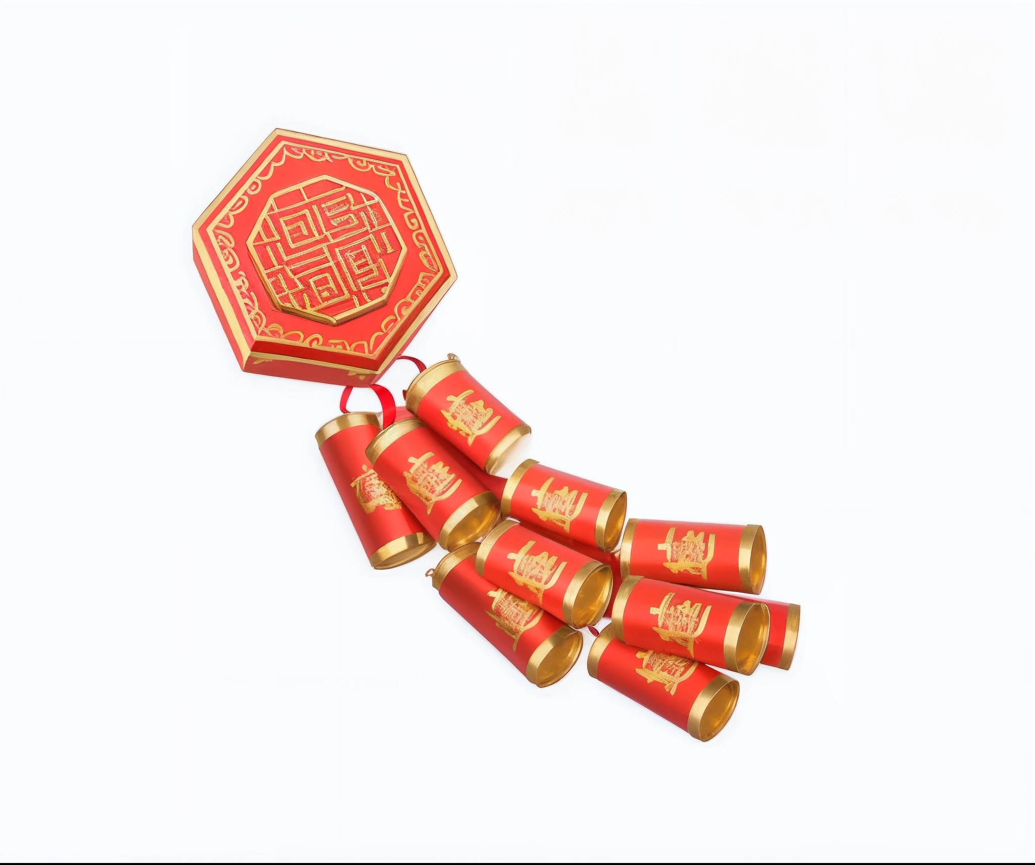 Five red and gold Chinese firecrackers on white background, Chinese firecrackers Red cloth and gold cloth, Floating China, Decoration, cheerfulness!!!, shaxi, decorations, Fireworks, 9 k, 9K, Chinese style, Red firecrackers, inspired by Cao Buxing, 4 d, 4D, inspired by Gong Xian, image, Detail fixes