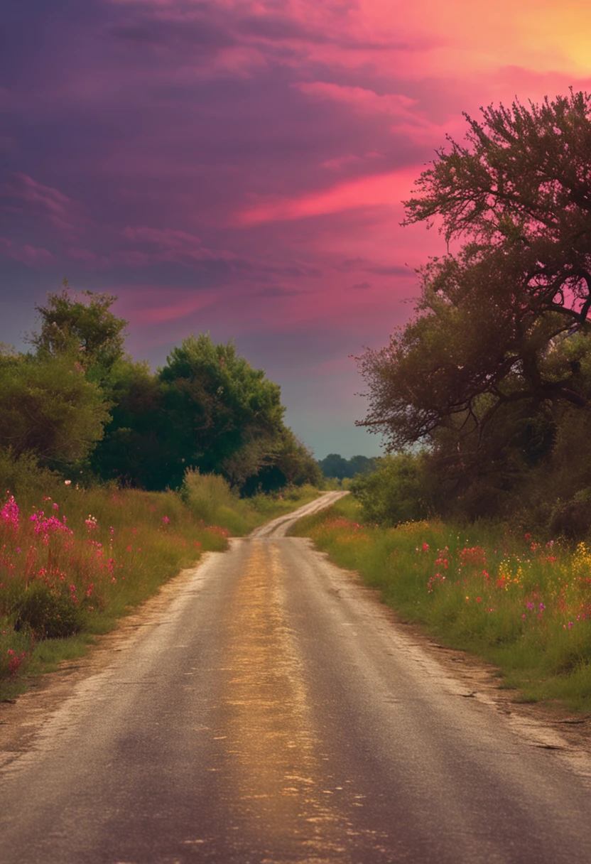country road，Roadside weeds，Dotted with wildflowers，sunraise，horizon，Childhood memories
