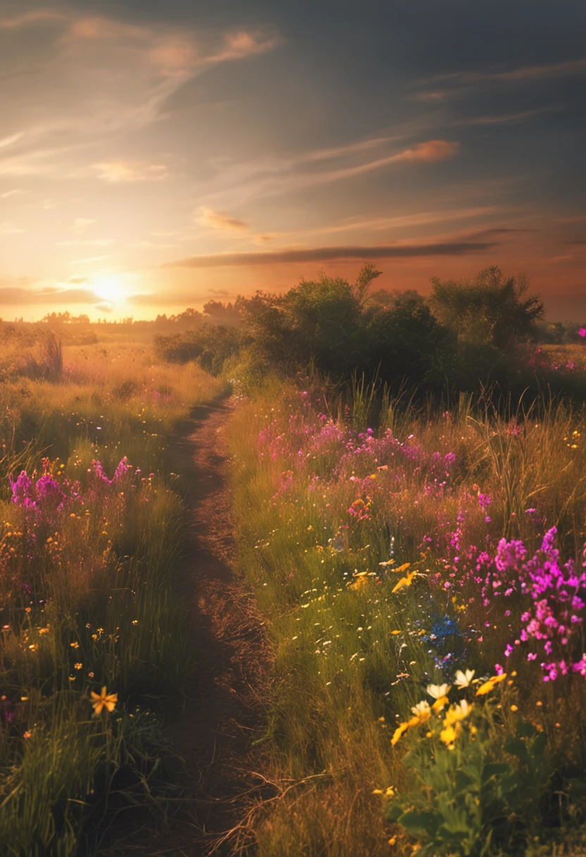country road,Roadside weeds,Dotted with wildflowers,sunraise,horizon, memories