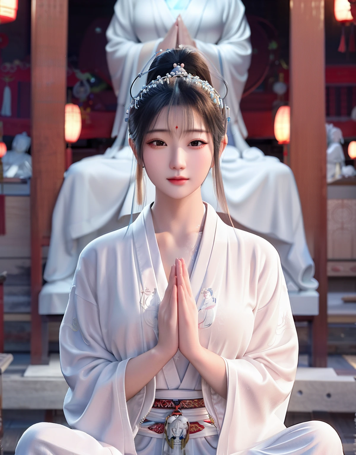 A woman in a white robe sits in front of a Buddha statue, Beautiful oriental woman, Chinese woman, Asian woman, Chinese girl, Japanese goddess, flowing white robe, An Asian woman, Asian girl, Chinese style, Asian women, dressed in simple robes, Guanyin, Beautiful asian woman, Beautiful goddess, wearing long white togas, Beautiful Asian girl, prayer meditation