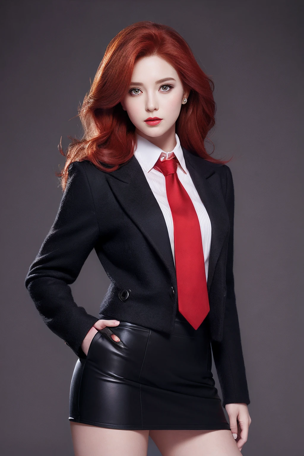 Photorealistic, high resolution, 1 Women, Hips up, Beautiful eyes, Red hair, ringed eyes, Collared shirt,red necktie,Black skirt, pencil skirts, Fur coat