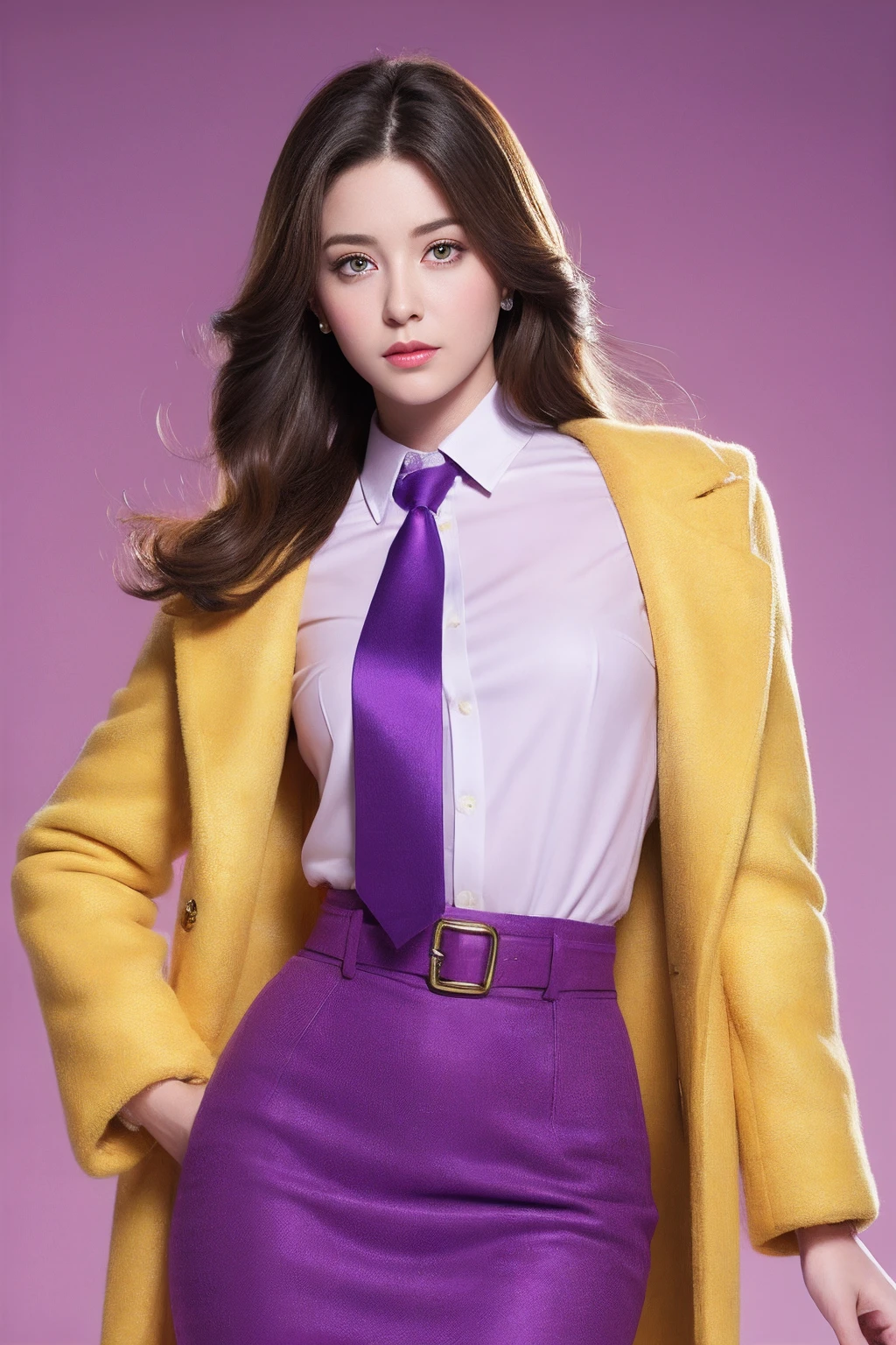 Photorealistic, high resolution, 1 Women, Hips up, Beautiful eyes, Hair with a purple gradient, ringed eyes, Collared shirt,a yellow tie,Purple skirt, pencil skirts, Fur coat