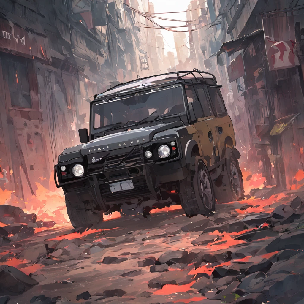 A real black Land Rover，Have on the street，the street，Overturned，Fragmentation，Background of the ruins，detailedbackground