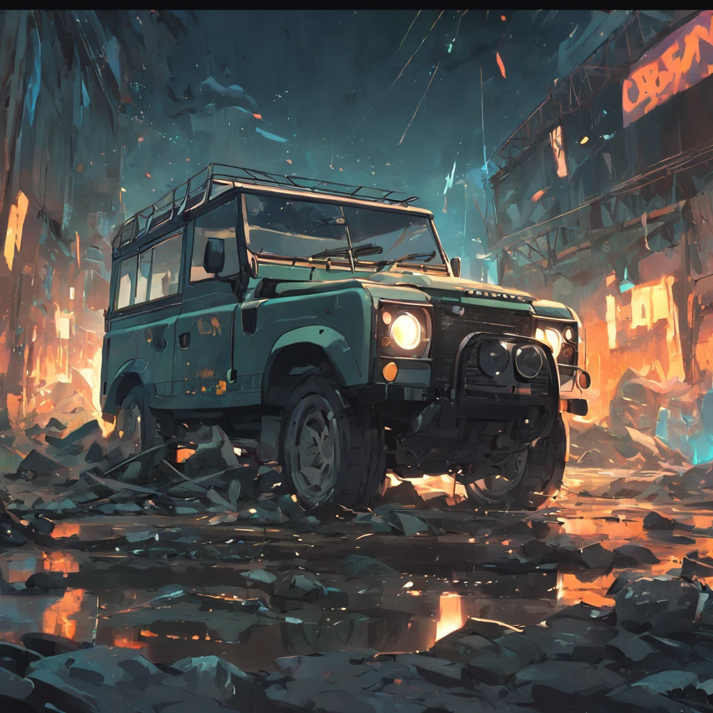 A real black Land Rover,Have on the street,the street,Overturned,Fragmentation,Background of the ruins,detailedbackground