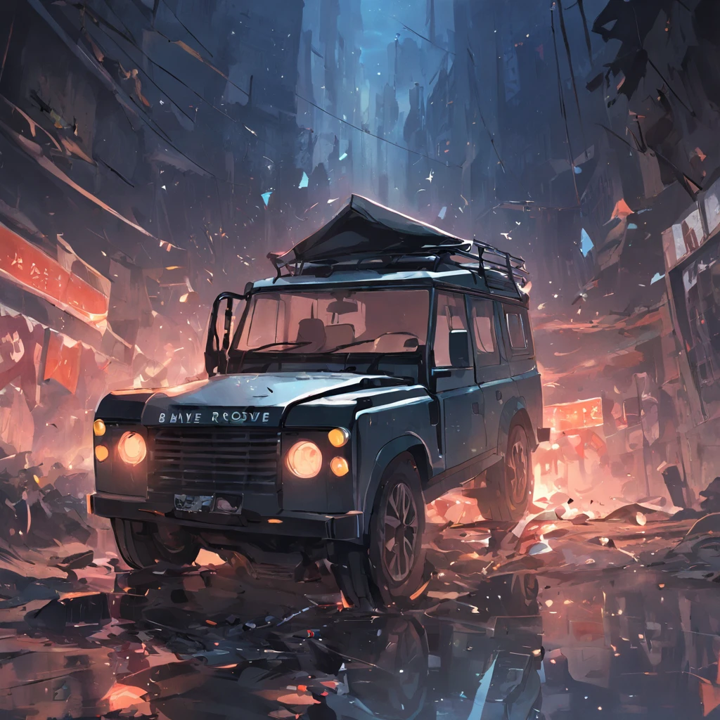 A real black Land Rover,Have on the street,the street,Overturned,Fragmentation,Background of the ruins,detailedbackground