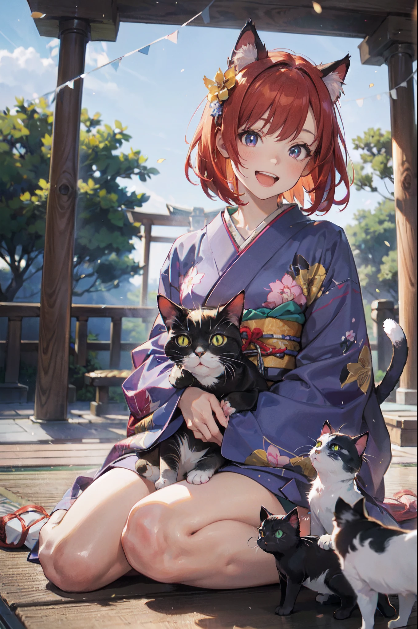 masutepiece, Best Quality, Detailed beautiful face and eyes, Full body, The best illustrations, PastelColors, (jpn、Shrine 1.4), Red torii gate, beauitful face, blurry backround, 10 year old beautiful girl, shinny skin, (1The tail of a cat in a book grows:1.3), Sharp pupils, Realistic eyes, Glowing red hair, bob cuts, Eyes are yellow, Cat's ears, Floral hair ornament, Opens mouth and laughs, Happy expression on face、Curve, (Kimono:1.2), facing front