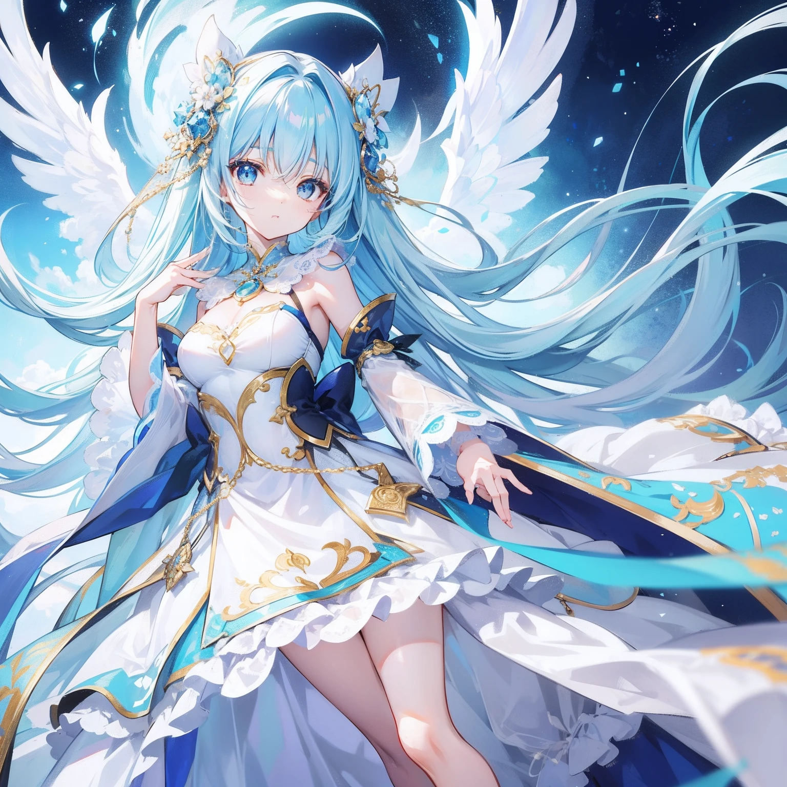 Beautiful and charismatic loli character，Her appearance is very eye-catching。Has long silky hair in sky blue，and a pair of large bright eyes，Her face is very delicate，It gives a calm and elegant feeling。Additionally，Teresa also wore a white dress，The design of this dress is very vivid，Over all，The appearance is very attractive，Tremendous crystal brilliance,