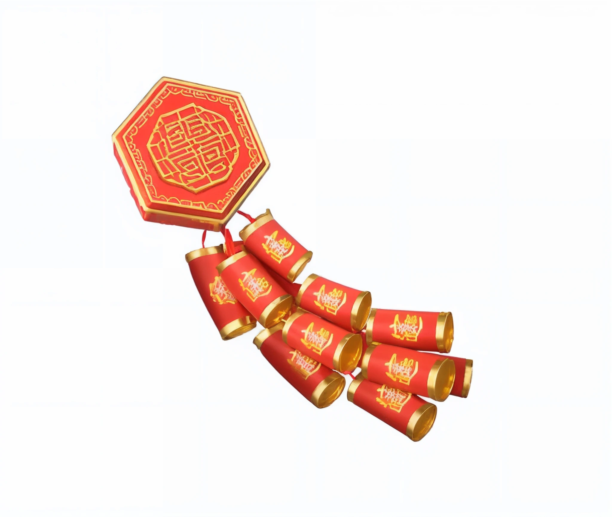 Five red and gold Chinese firecrackers on a white background, Chinese lanterns, Red and gold cloth, floating chinese lampoons, Decoration, shaxi, cheerfulness!!!, decorations, Fireworks, 9 k, 9K, Chinese style,artillery, inspired by Cao Buxing, 4D, 4 d, inspired by Gong Xian, image, beijing