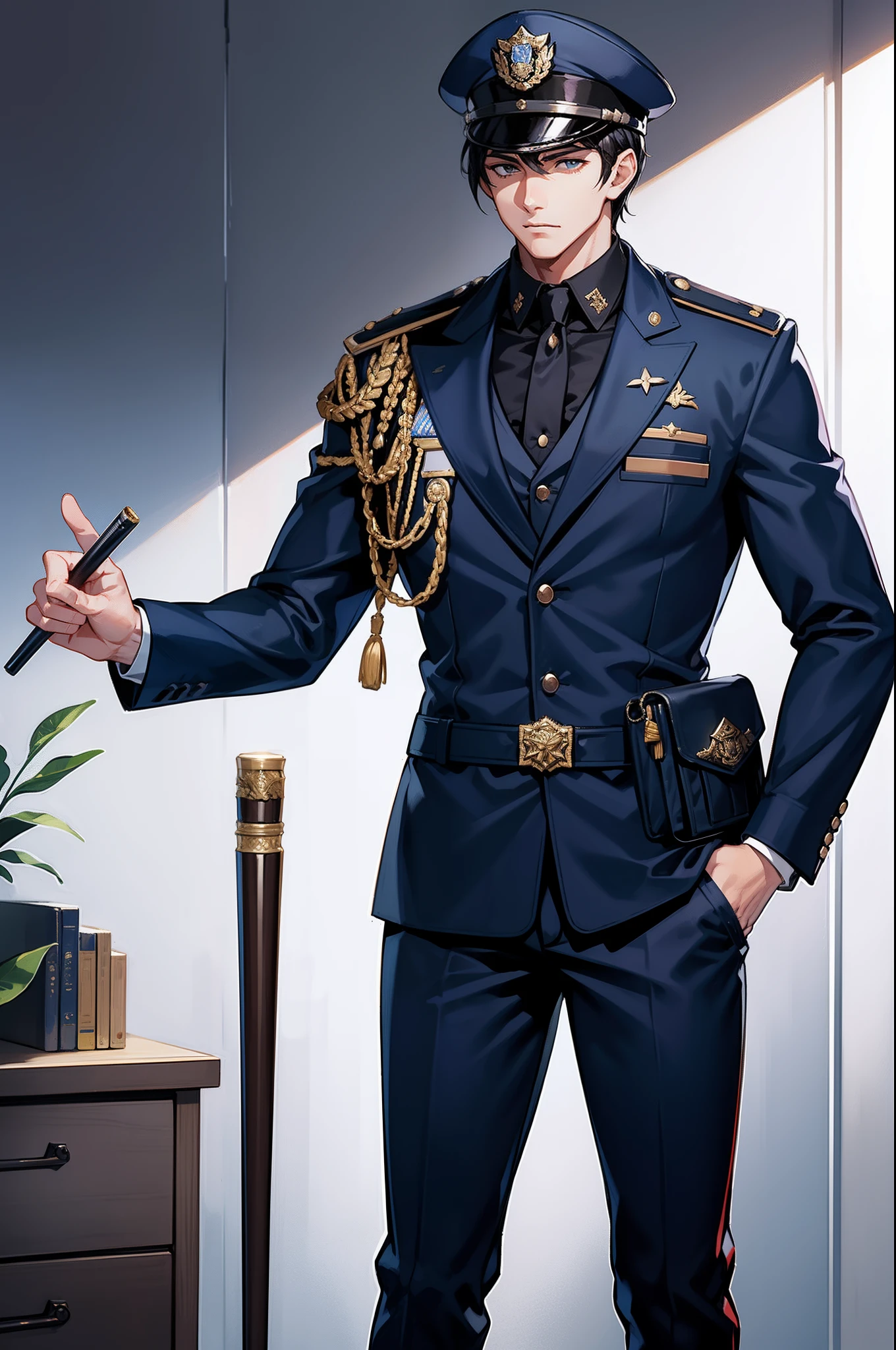 Handsome police uniform,The game character is set pose,Libido boy,He looks very handsome when he stands,One hand carries a baton on his shoulder