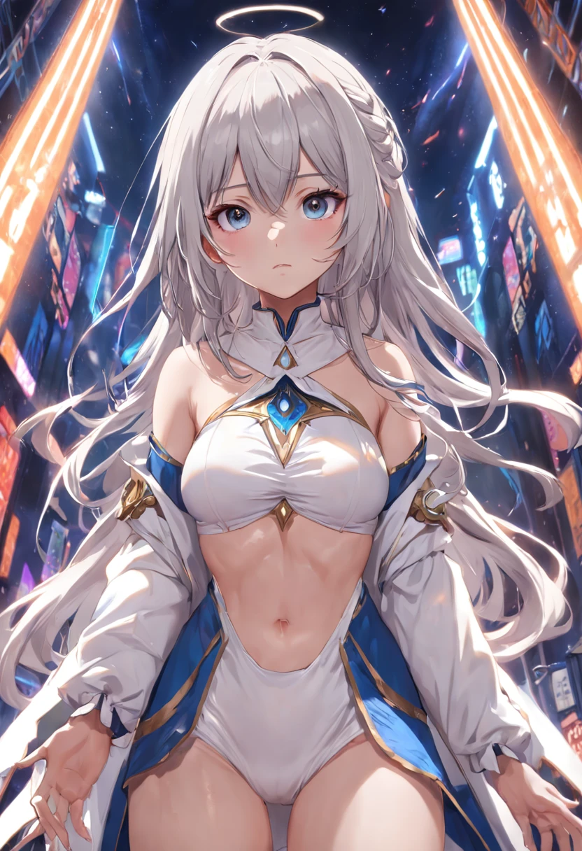 (extremely detailed CG unity 16k wallpaper:1.1), (Denoising strength: 1.45), (tmasterpiece:1.37), (Full body posing:1.4:), whole-length, Dynamic angle,, lifelike texture, (beautiful detailed eyes), beautiful detailed , white hair, long bangs, casual outfit:1.2, indoor, midriff, {{{half closed eyes}}}, big forhead, blank stare, illustration, sparkle, (((masterpiece))), best quality, UHD
