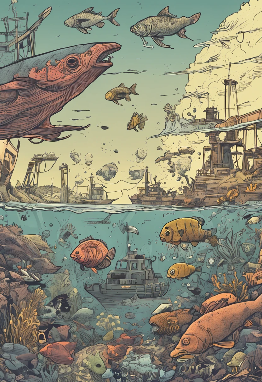 nuclear radiation,Deformed fish,fishbone,Contaminated seafloor nuclear radiation,Nuclear wastewater,antivirus ,detoxification,Zombie ruins,Nuclear sewage,Discharge into the sea,Marine pollution,Marine animal variation,(Best quality), (Masterpiece), (Photorealistic), (Realistic), Very detailed,8k, Very detailed CG, Ray traching, Sharp shadows, Great detail, Depth of field, Super detailed background, nuclear radiation,Deformed fish,fishbone