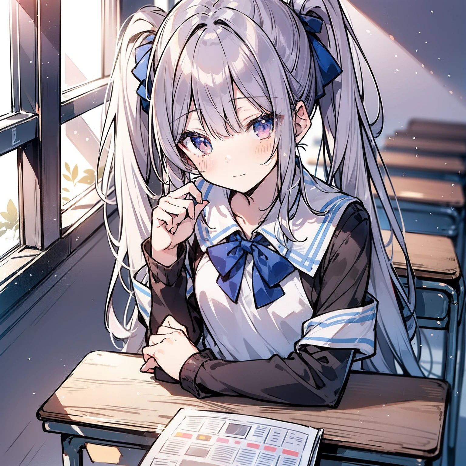 Anime girl around ，Double ponytail hairstyle 1.5，Long white hair 1.5，Wearing a plain white school uniform，Sit at a desk in the classroom（Shy expression 1.5）（Blush 1.5）（The background is in a classroom at school：1.5），Anime style 4K，Anime rendering，style of anime，8K fineness，（Upper body display：1.5）（Cinematic lighting：1.5）（Flat chest 1.5）（Little Loli 1.5）