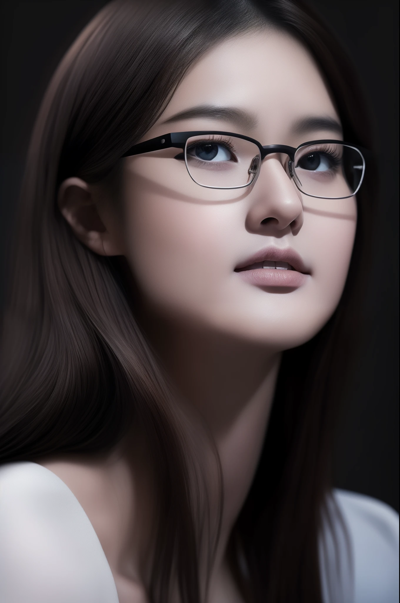 (ultra-realistic realism)、(illustratio)、(A high resolution)、(8K)、(The is very detailed)、(Best Illustration)、(Beautifully detailed eyes)、(top-quality)、(ultra - detailed)、(tmasterpiece)、(the wallpaper)、(A detailed face)Kizi、Wearing glasses、delicated face、Look up at the sky、half-body photo,a 、in the darkness nigth、deep shading、low tune、pureerosfaceace_V1