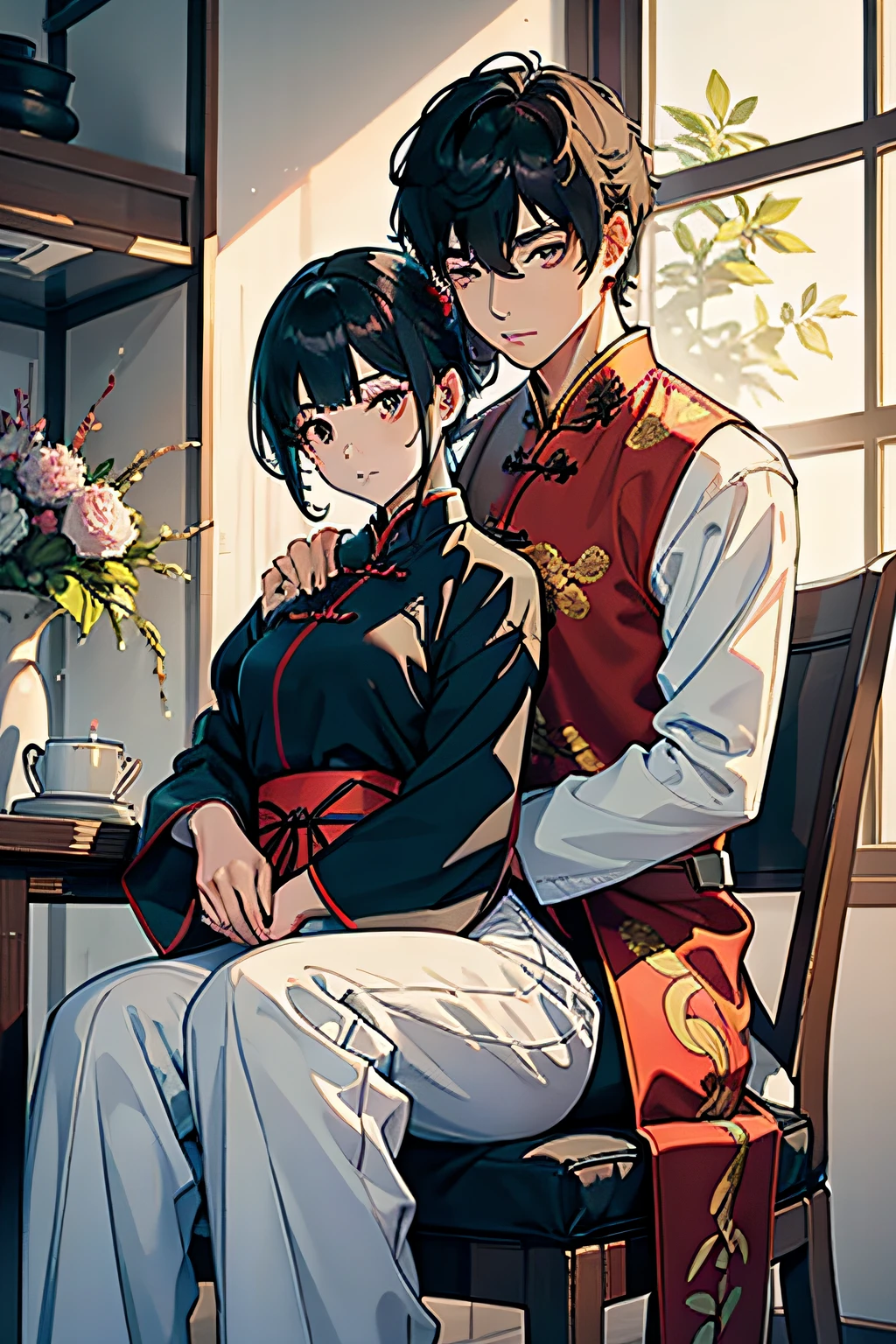 Male and female couples The girl sits in a chair,Wear ancient Chinese robes and cheongsam。The boys hugged each other from behind。Boy in high school trousers uniform with mashed potato cut hairstyle。Without glasses