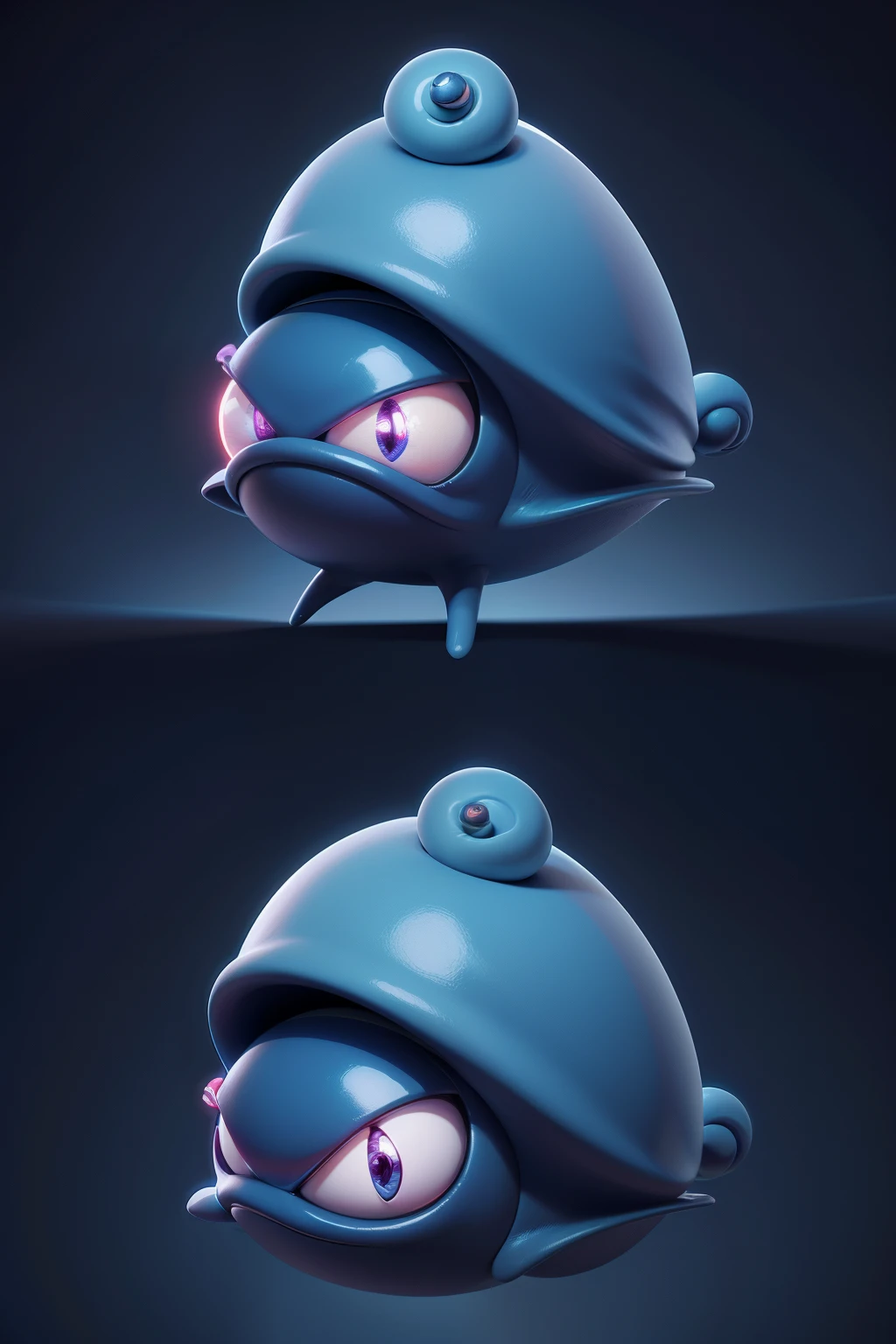 Funny dark-blue alien, wearing a snail hat on top of his head, with an exaggerated laugh, clean background, good shine, cartoon style, simple strokes, comic style, blind box, close-up, centered composition, clean background, 3D rendering, OC rendering, best quality, 4K, detailed face detail