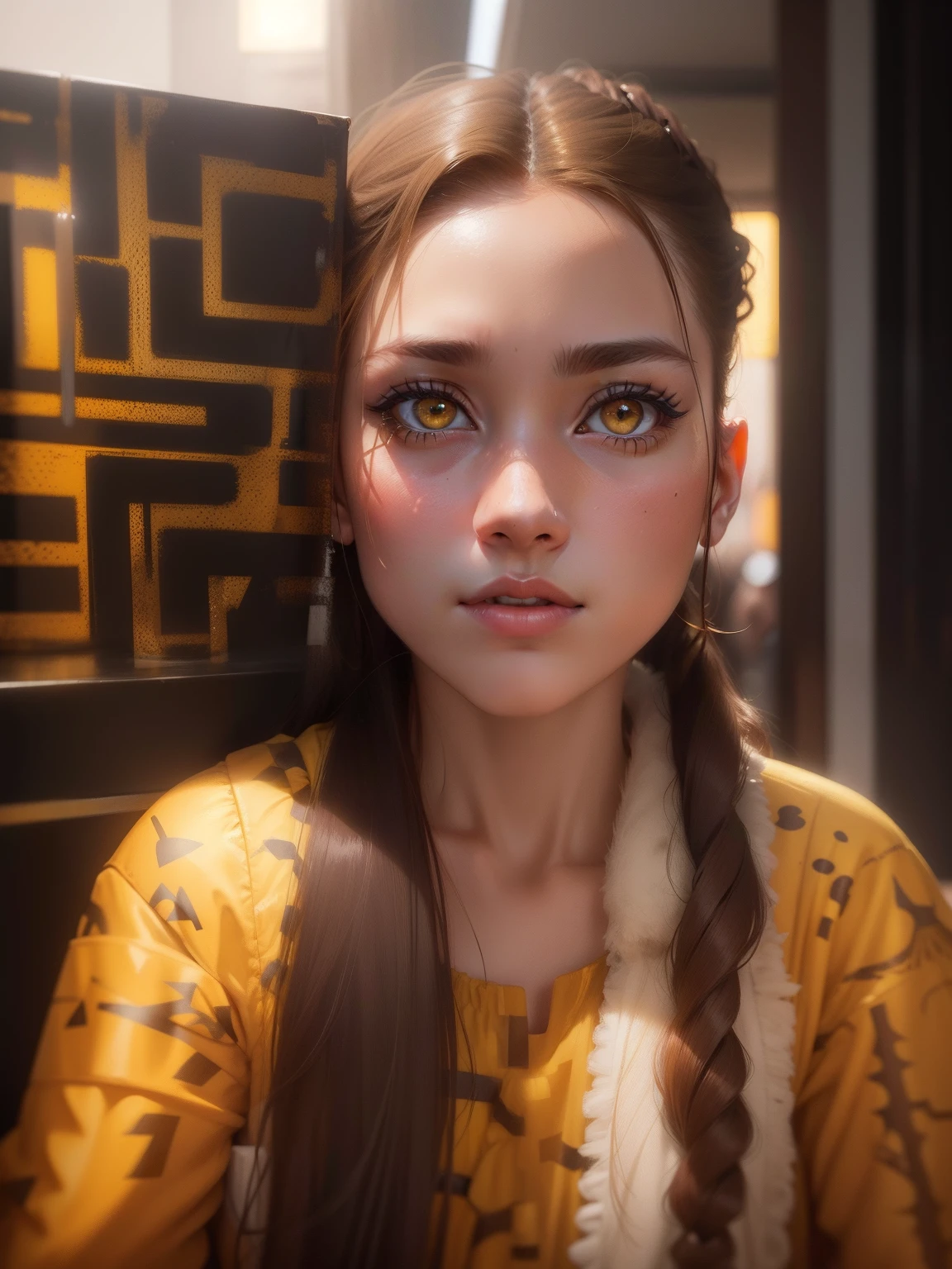 Realistic face yellow eyes brown hair yellow dress girl 4k ultra