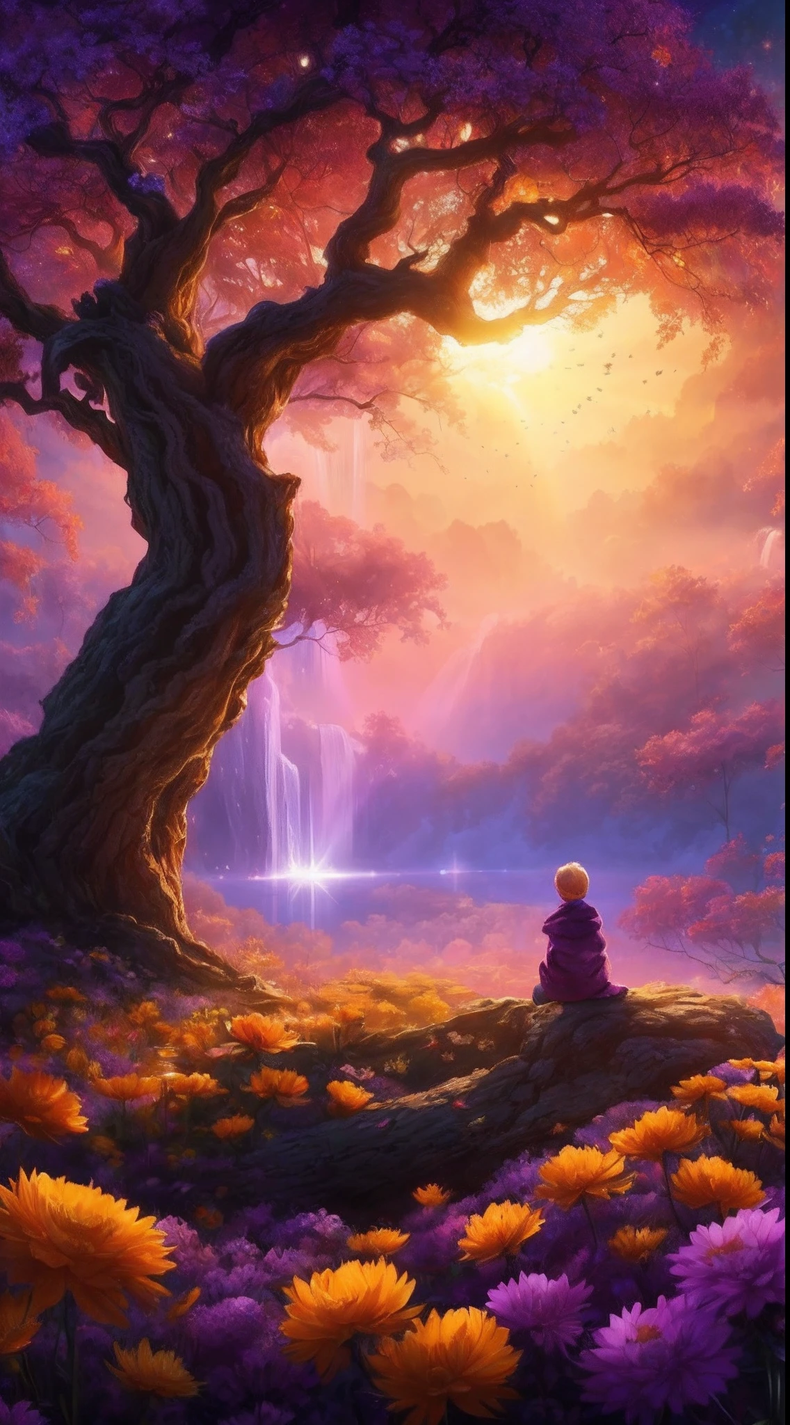 expansive landscape photograph, (a view from below that shows sky above and open field below), a little 9 years old blond boy with long sweatshirt and yellow scarf sitting on a trunk on yellow roses flower garden looking up, ( comet:0.9), (nebula:1.3), distant lake, tree of life, BREAK production art, (warm light source:1.3), lamp, lot of purple and orange, intricate details, volumetric lighting, realism BREAK (masterpiece:1.2), (best quality), 4k, ultra-detailed, (dynamic composition:1.4), highly detailed, colorful details, ( iridescent colors:1.2), (glowing lighting, atmospheric lighting), dreamy, magical, (solo:1.2), magical beautiful waterfall, windy
