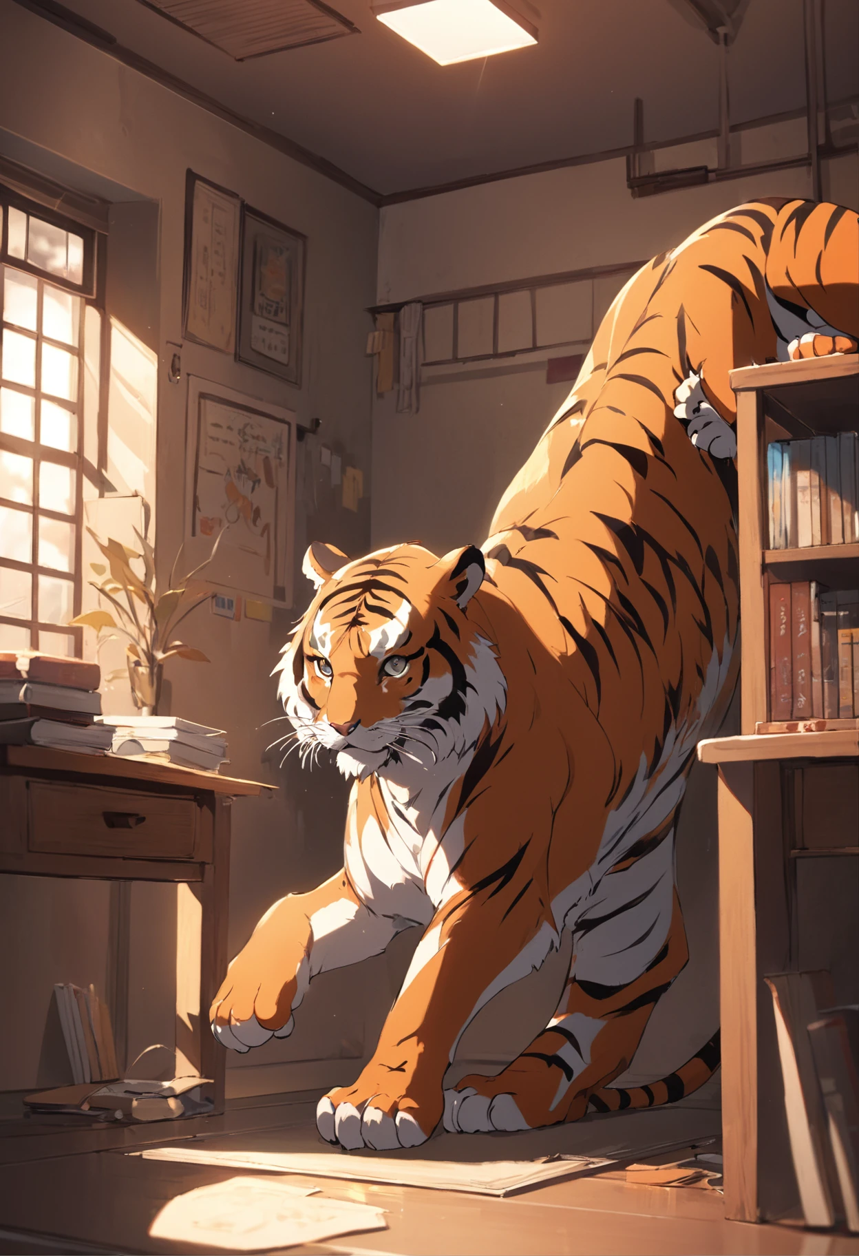 alone humanoid tiger study in room cute anime style ghibli