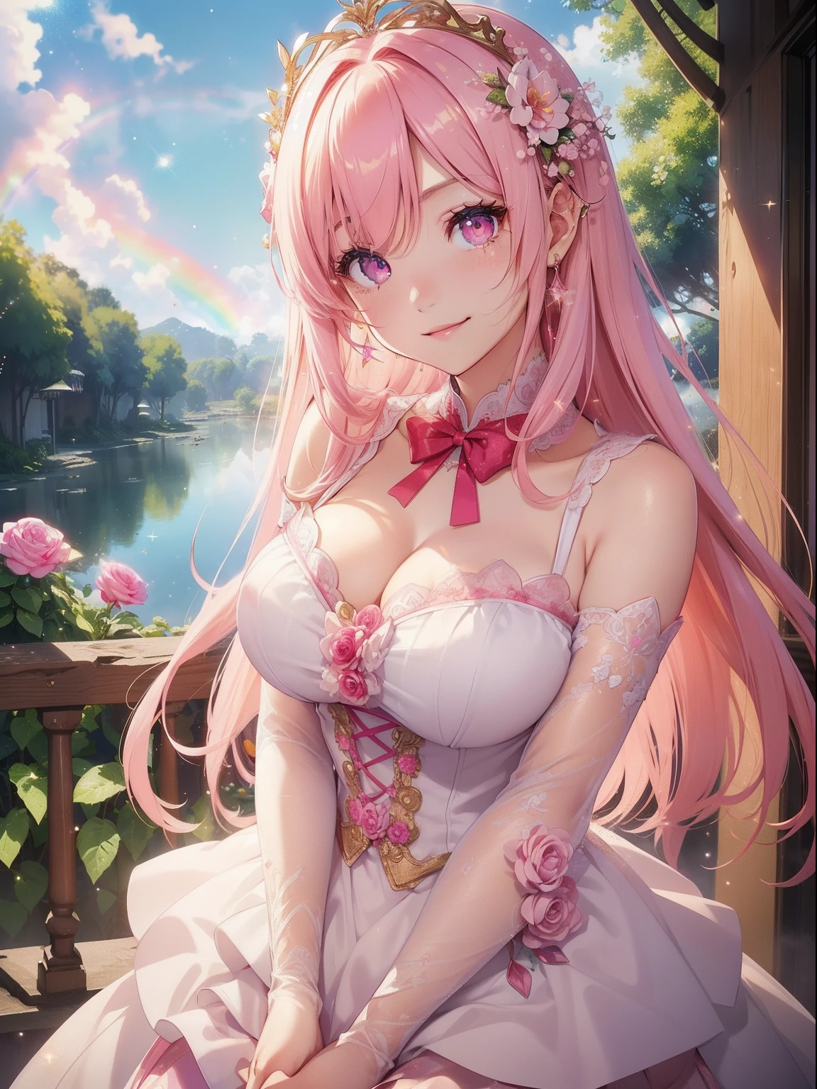 masutepiece, High resolution, 8K, anime woman, Delicate and detailed writing 、Detailed digital illustration、Very long hair and shiny、Bangs、a very beautiful woman、Eyes are double, Large, Bust is D cup、High image quality, High quality、Detailed background、(((Wearing idol clothes)))、((Colorful flower garden、Very beautiful background of clouds and rainbow in the sky))、(The inside of the eye shines like a diamond、Light pink hair、Gradient pupil、(((2 arms、4 fingers, 1 thumb)))、Detailed female face、Very beautiful and cute woman、、细致背景、masterpiece、Soft Focus , Bright gradient watercolor , Lens Flare , (((Glitter))) , Glow , Dreamy , 、Less exposure、Nothing at hand、Idol、Pink ribbon、Very beautiful red rose hair accessories、Pink and gold outfit、White is the main costume、((A smile))、((eye macro))