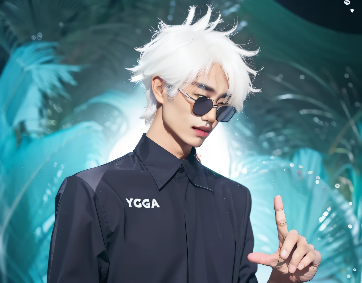 black shirt and the inscription yoga dmr on the left chest, gojo satoru, man with white hair and black glasses, blue eyes, (there is writing on his shirt yoga)