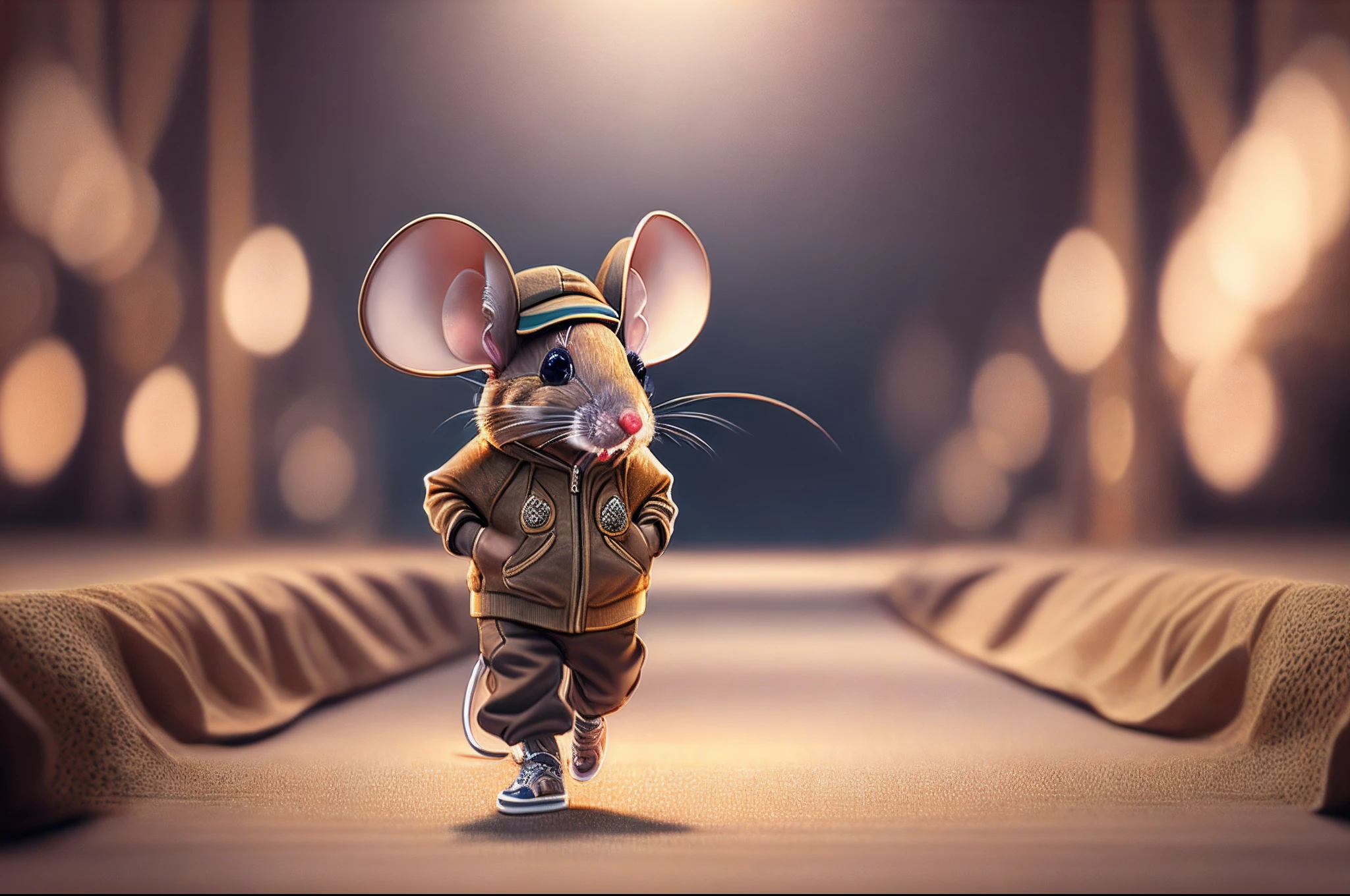 image of a mouse wearing a cap, dressed in casual clothes, walking on a fashion runway, hyper-realistic detailed rendering, elegant pose, professional lighting, intricate details