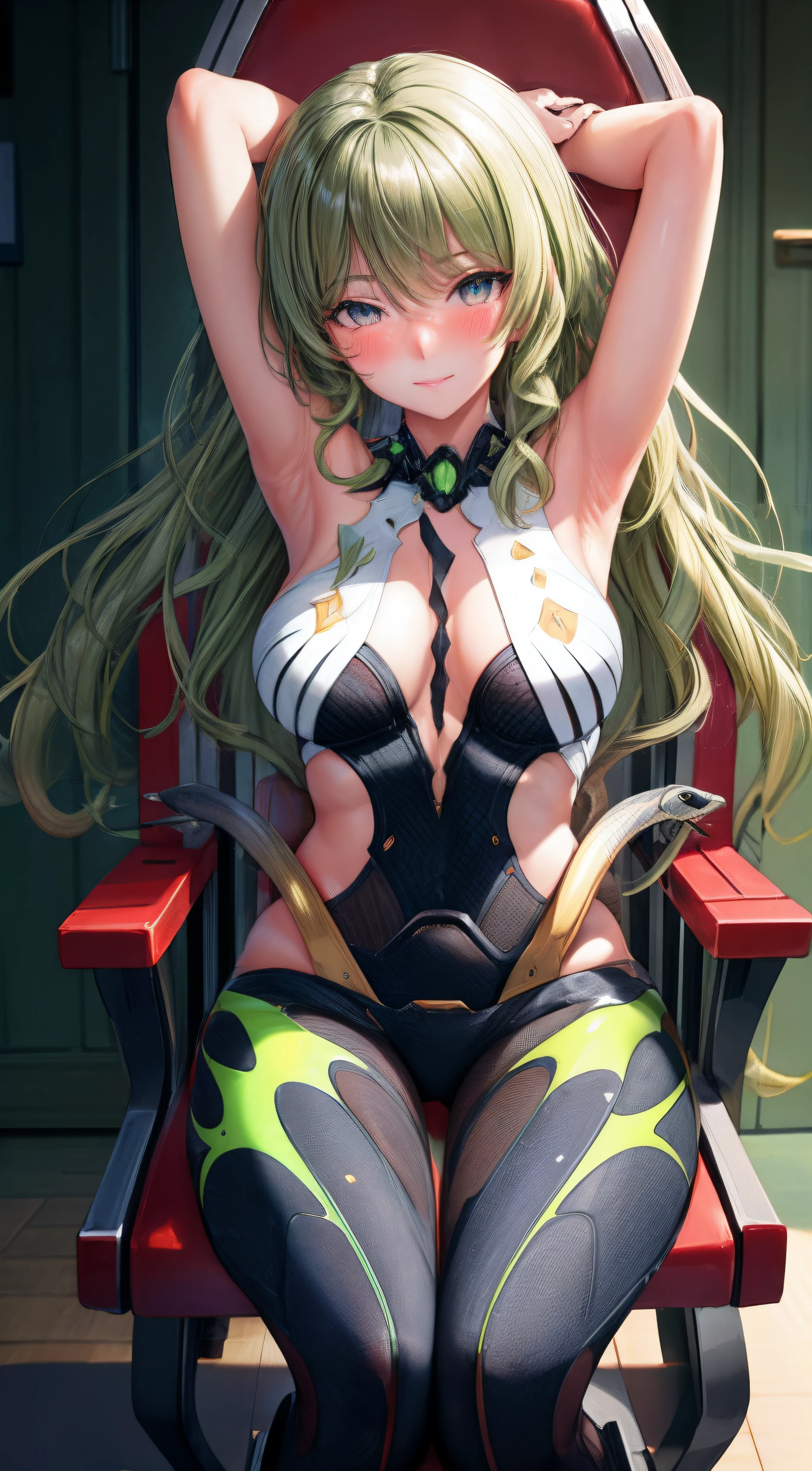 masterpiece, best quality,Extreme Detail, Super detailed, beautiful eyes, beautiful hair, Beautiful side, beautiful skin,dutch angle, green hair, snake eyes, big breasts, blush, cravings, sit, Chest towards viewer, arms around the back, chair , pov