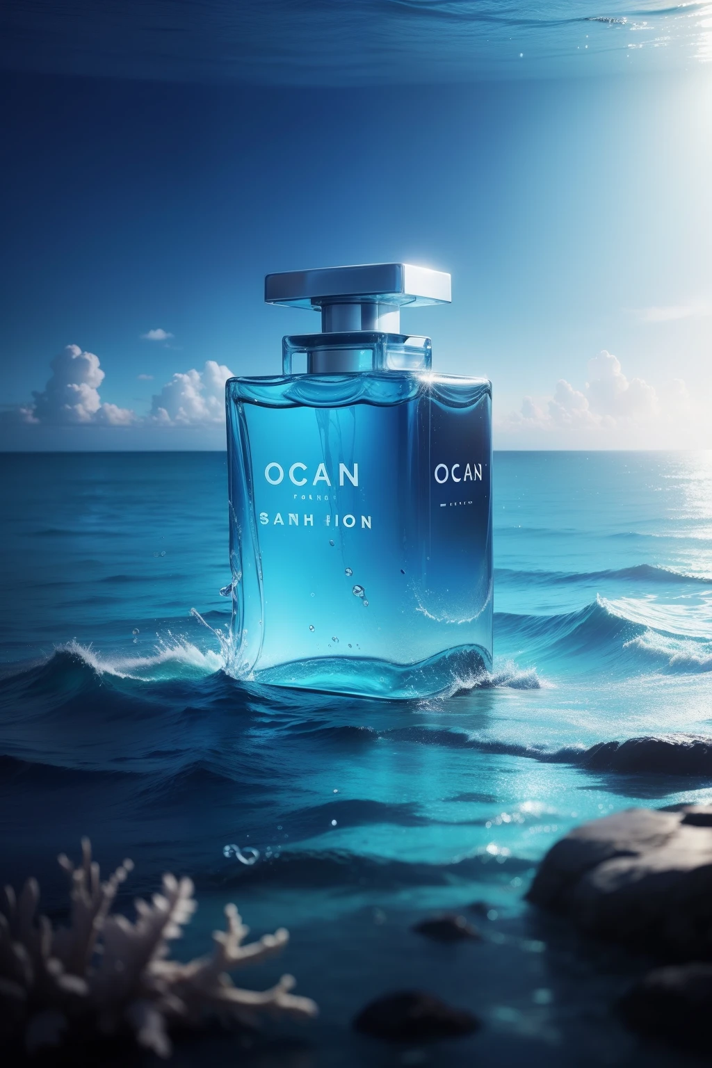 perfume，ocean floor background，blue colors