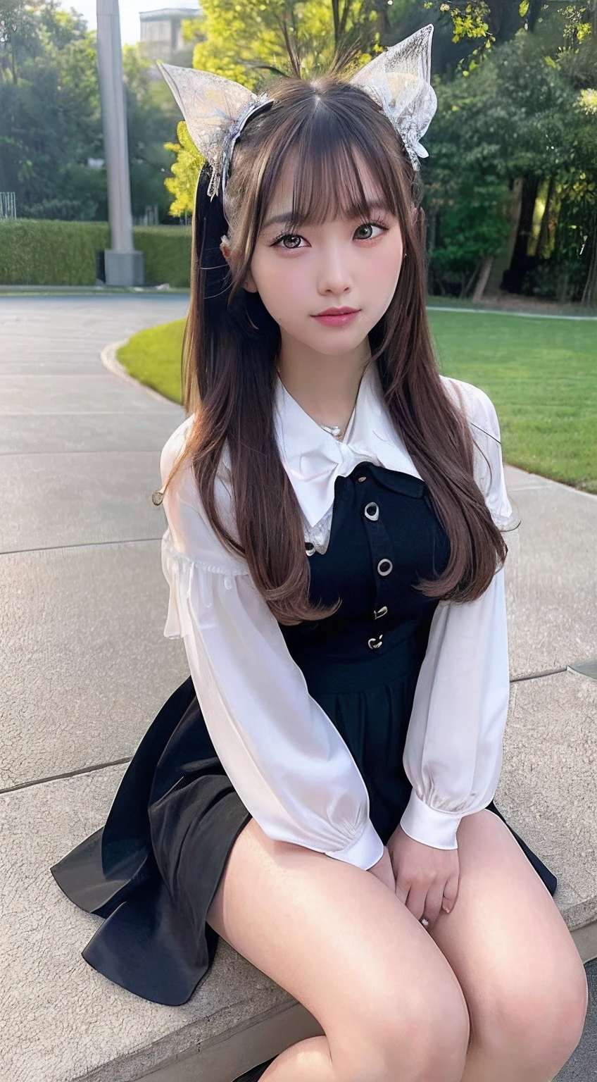 Photo quality,Masterpiece,Realistic,( cute Japanese girl:1.9),(Detailed young face:1.9),(Very embarrassed look:1.9),(Angle from below,Thin legs:1.9),(Wearing black Gothic Lolita fashion:1.9),(Posing to seduce men in the park,Inner thigh visible:1.9),((Droopy eyes:1.9)),((Body type of a 14 year old Tits:1.9)),(Cute school girl hairstyle:1.9),((Skinny Legs)),Very pale skin,Show your forehead,Detailed body,Detailed hands,No makeup