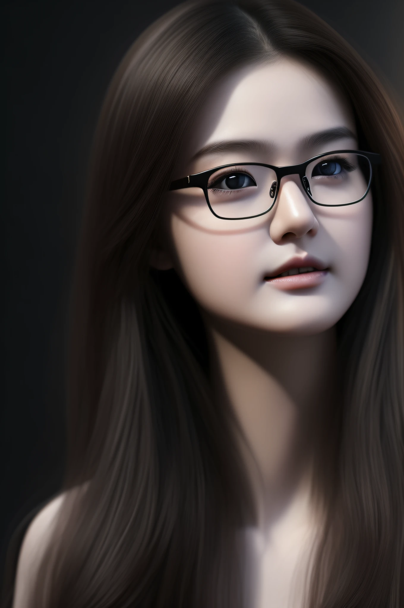 (ultra-realistic realism)、(illustratio)、(A high resolution)、(8K)、(The is very detailed)、(Best Illustration)、(Beautifully detailed eyes)、(top-quality)、(ultra - detailed)、(tmasterpiece)、(the wallpaper)、(A detailed face)Kizi、Wearing glasses、delicated face、Look up at the sky、half-body photo,a baby face、in the darkness nigth、deep shading、low tune、pureerosfaceace_V1