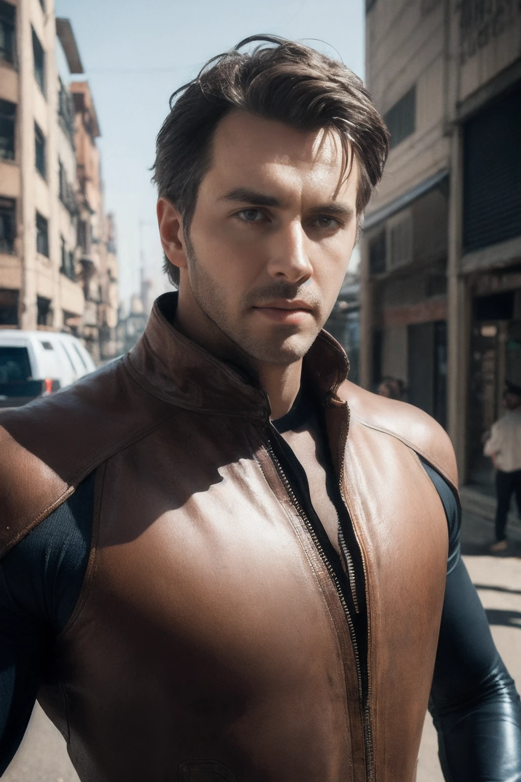 Portrait photo of an alpha male, perfect eyes, in a worn mecha suit, intricate, (steel metal [rust]), elegant, sharp focus, photo by greg rutkowski, soft lighting, vibrant colors, masterpiece, ((streets)), cowboy shot, dynamic pose,