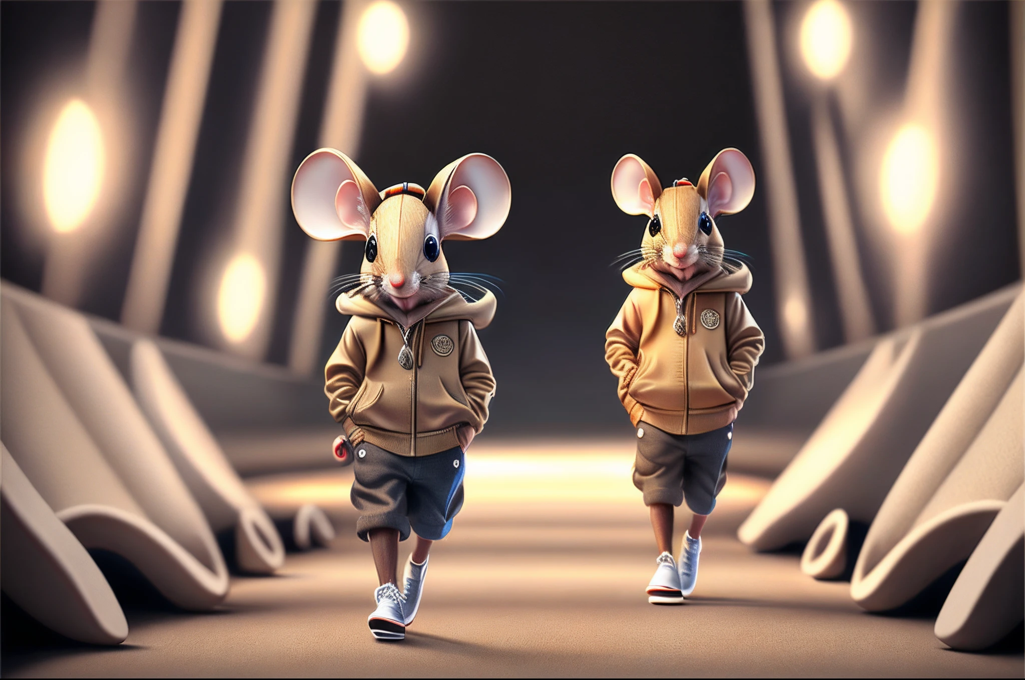image of a mouse wearing a cap, dressed in casual clothes, walking on a fashion runway, hyper-realistic detailed rendering, elegant pose, professional lighting, intricate details