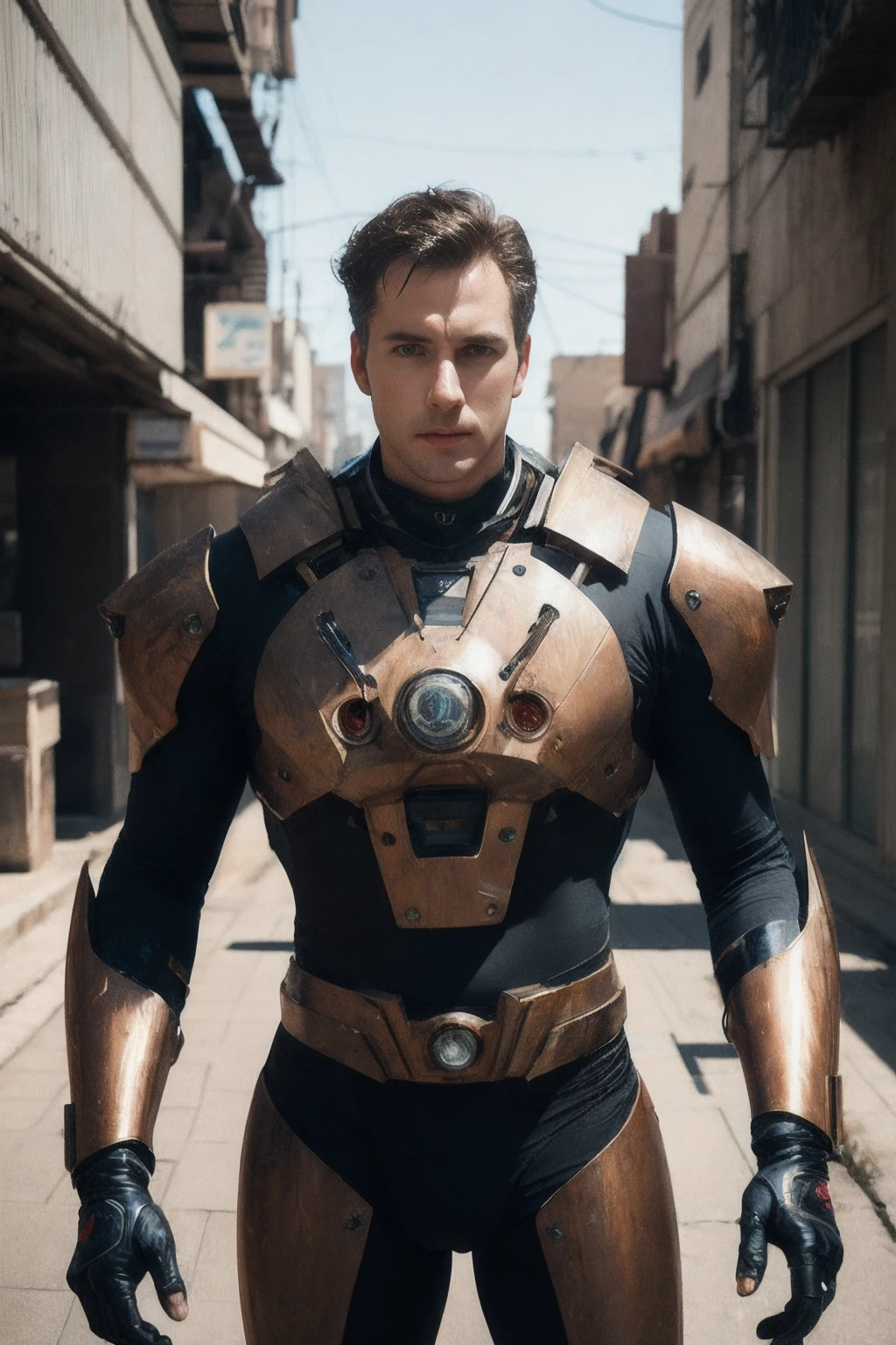 Portrait photo of an alpha male, perfect eyes, in a worn mecha suit, intricate, (steel metal [rust]), elegant, sharp focus, photo by greg rutkowski, soft lighting, vibrant colors, masterpiece, ((streets)), cowboy shot, dynamic pose,