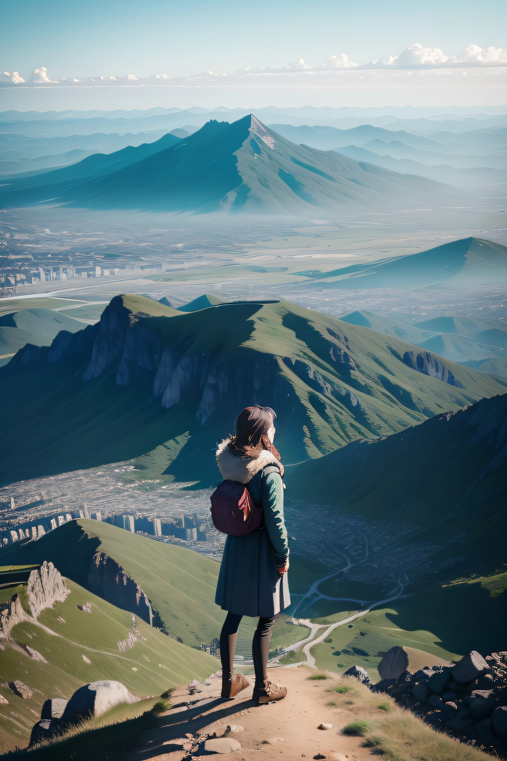 Stand on the top of the mountain,Overlooking,A city in the distance