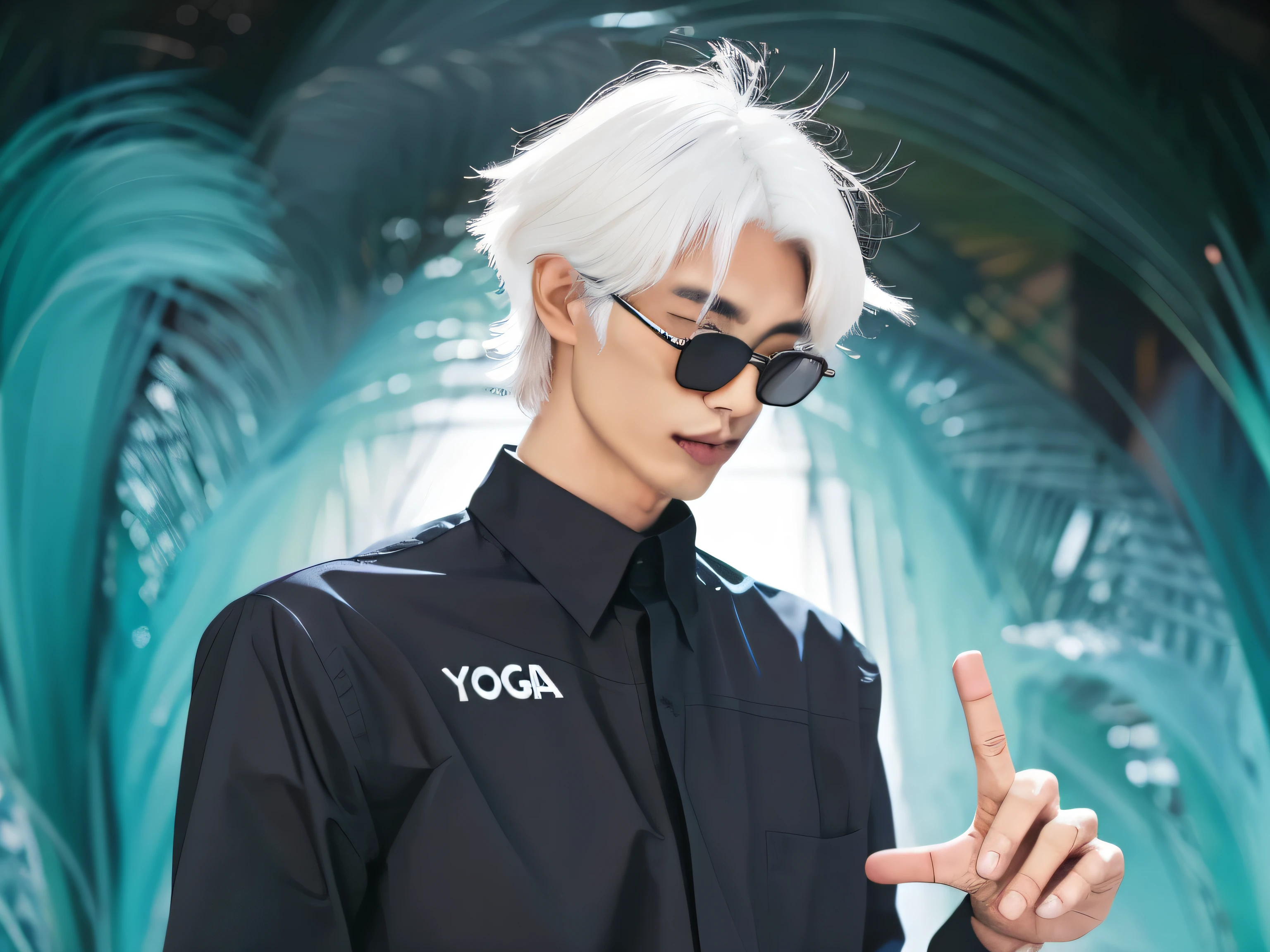 black shirt and the inscription yoga dmr on the left chest, gojo satoru, man with white hair and black glasses, blue eyes, (there is writing on his shirt yoga dmr)