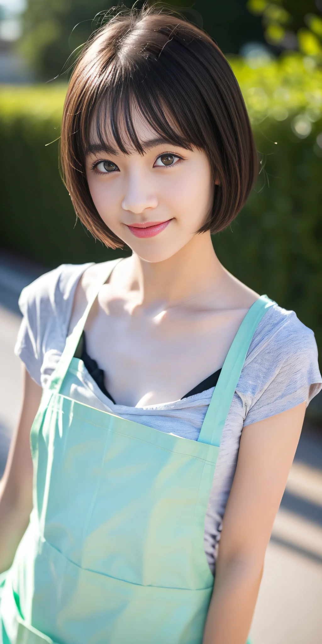 Neat and clean schoolgirl、((1 bare apron))、Outside the field、(Slimed)、Photorealsitic、detaileds, Skin Texture, ultra-detailliert、Delicate and sexy collarbone、A smile、Super Detailed Face、Detailed lips、A detailed eye、tiny chest、Smaller chest、small tit、Small、flat breast、Chest emphasis、Bright face、((is standing、slightly lift the hem of the skirt with both hands,,,,)) 10 years old female child、Shorthair with bangs、Straight bob hair、、Angle from top edge、14years