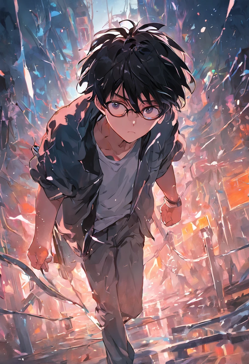 a teenager boy with black hair with eyeglasses, pushes his glass back to ward so he can see better ,4k, illustration, full body.