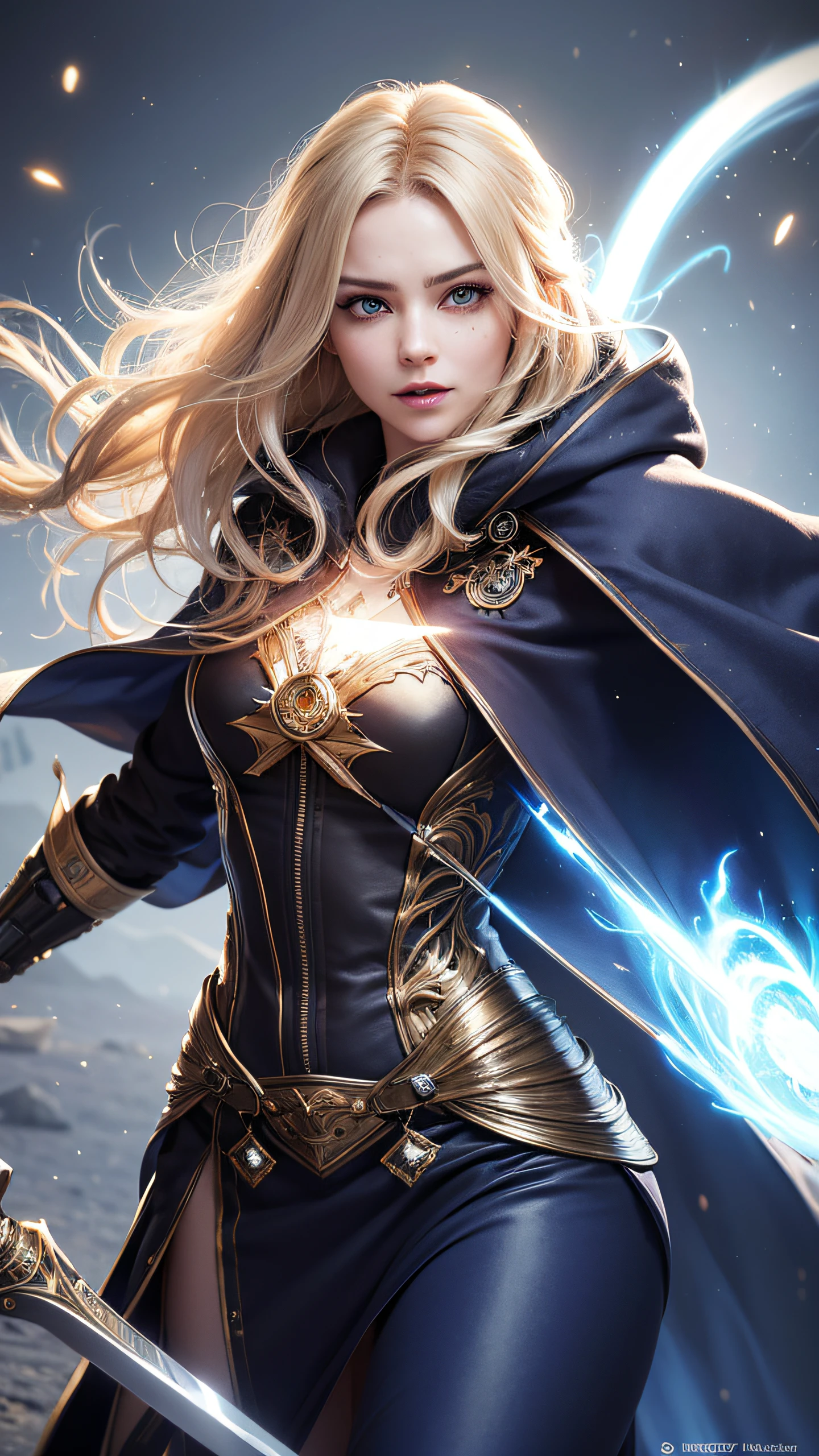 (Skindentation: 1.5), realisti, photo-realistic, (tmasterpiece: 1.5), ConceptArt, game character from the game Archeage, Elf girl with a sword in her hand, The blade of the sword glows blue, Archeage game world, Complicated details, higly detailed, photo-realistic, Octane rendering, 8k, unreal-engine, dynamicpose, beste-Qualit, hight resolution, (realistic face: 1.1), (A hyper-realistic:1.2), ((Full_cos)), perfect eyes,(sparkly skin:1.17), (((hair-style))), (((perfect arms))), (Extremely detailed backgrounds), ((Dynamic background) ), ((zipper)), (light beams), ((a 1girl)), wearing cloak, (((flowing cloak))), ((A detailed eye, High-quality eyes, high-quality face, blue pupils)), (Extremely intricate clothes , Magical robes), longue blonde hair, (Wavy Hair:1.2), electricity, energy, Swirling energy vortex, Radiant power, sparks, Smoke, magic, ((dramatic)), Epic, Battlefield, Depth of field, bokeh, 4k, ghotic, Coals, Particles