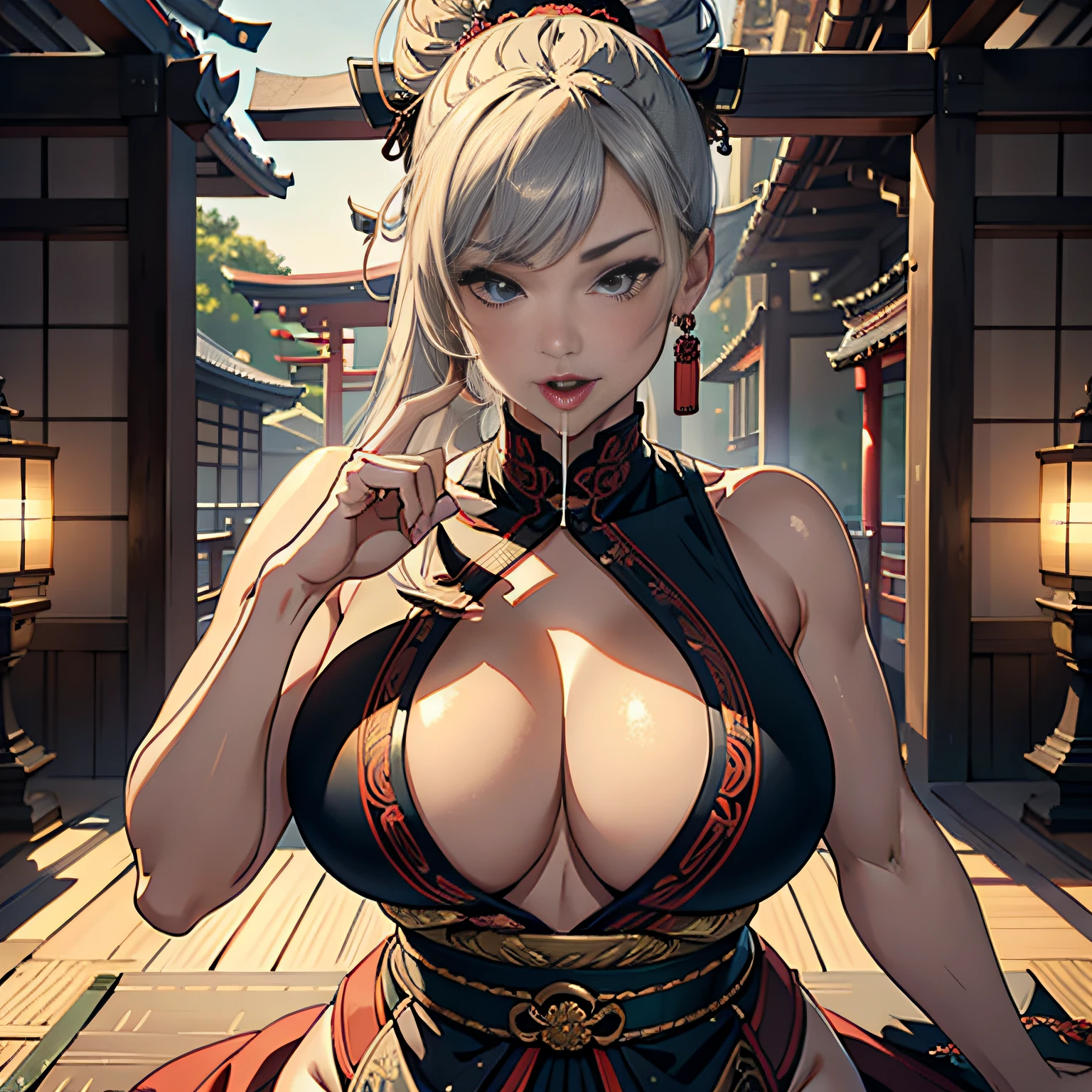 Beautiful samurai ,((sucking finger)),breast close up,open mouth,trending on artstationh, Sharp focus,, Intricate details, Highly detailed,, intricate face details,Curvy physique, Thick body,(No bra),Japan mature female,(cameltoe),((Sexual suggestiveness)),at the palace,vibrant, 4K, Intricate details, big breasts enchanting, Professional manufacturing, 12k resolution,Seductive smile