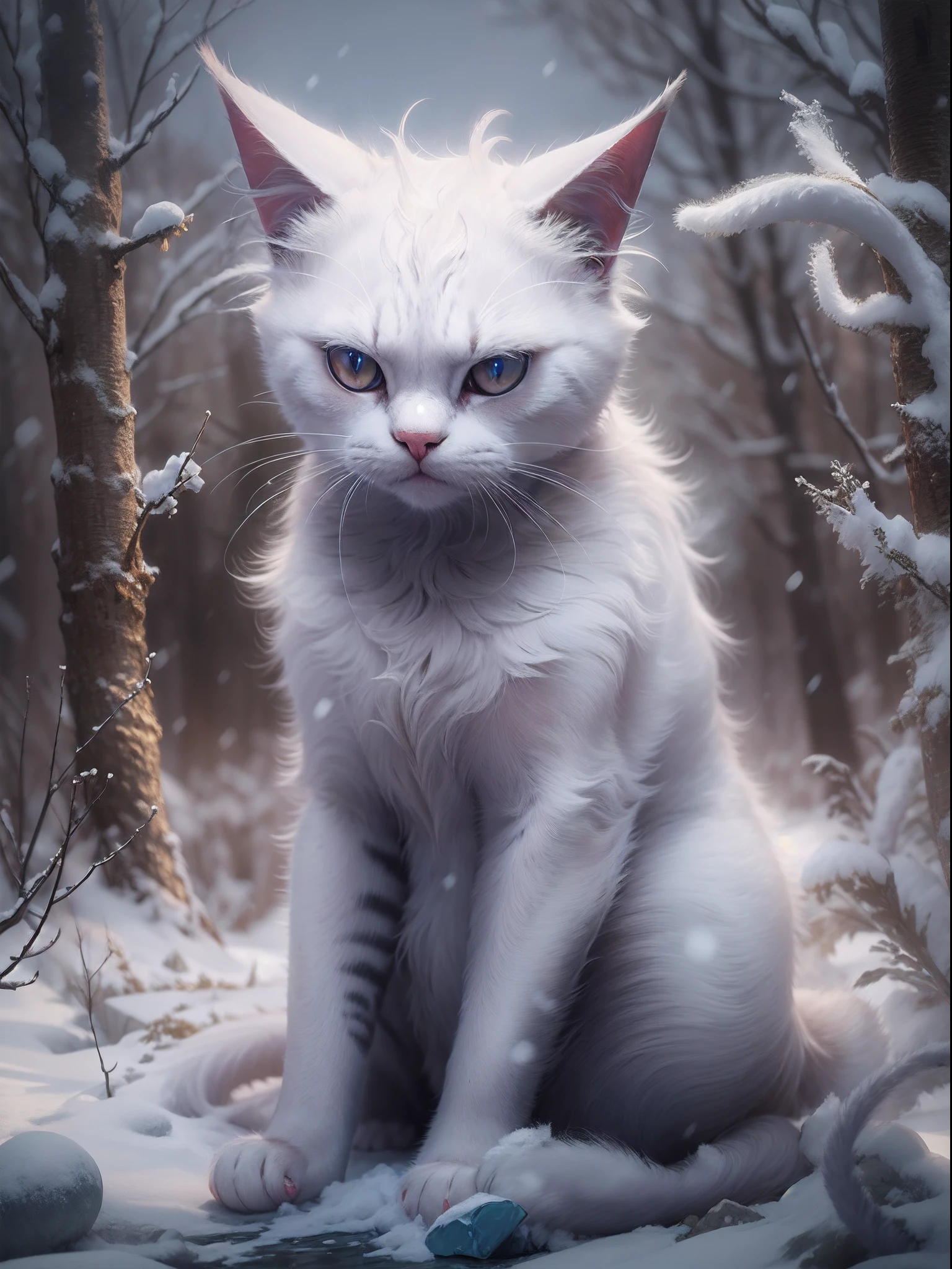 ((Best quality)) , ((Masterpiece)) , (Detailed) ,(demon cat:1.2)， Studio digital art, Modern art, Lonely, insanely details, Intuitive pitch angle , White light shines from the snow, tiltshift, Evil, Gel illumination, Telephoto lens, instax, [ (The art of Peter Bloom:1.0) , (Works of art by Hans Holbein the Elder:1.2) , (The art of Emerico Imre Toth:1.3) ::4], 8K resolution