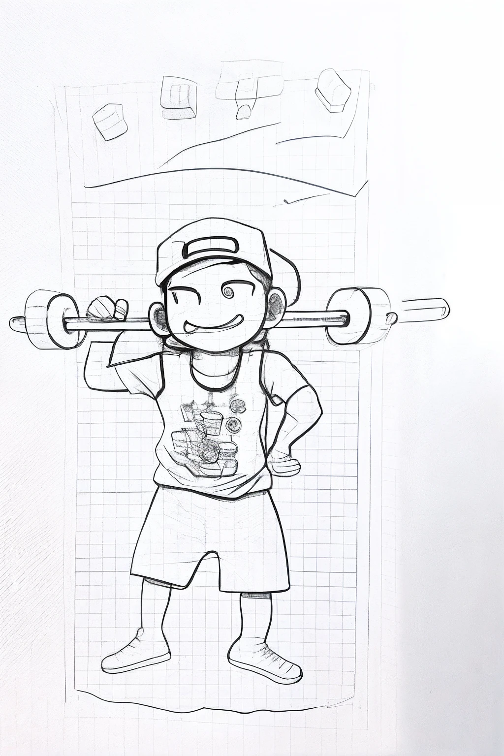 Drawing of a cartoon boy holding a baseball bat and baseball cap, inspired by Junpei Satoh, lifting weights, Muscular!, stylized linework, Outline sketch, cartoon proportions, workout, full page illustration, full body portrait of a short!, carrying two barbells, Muscular!!, body is strong and upright, (ink mark), heavy outline