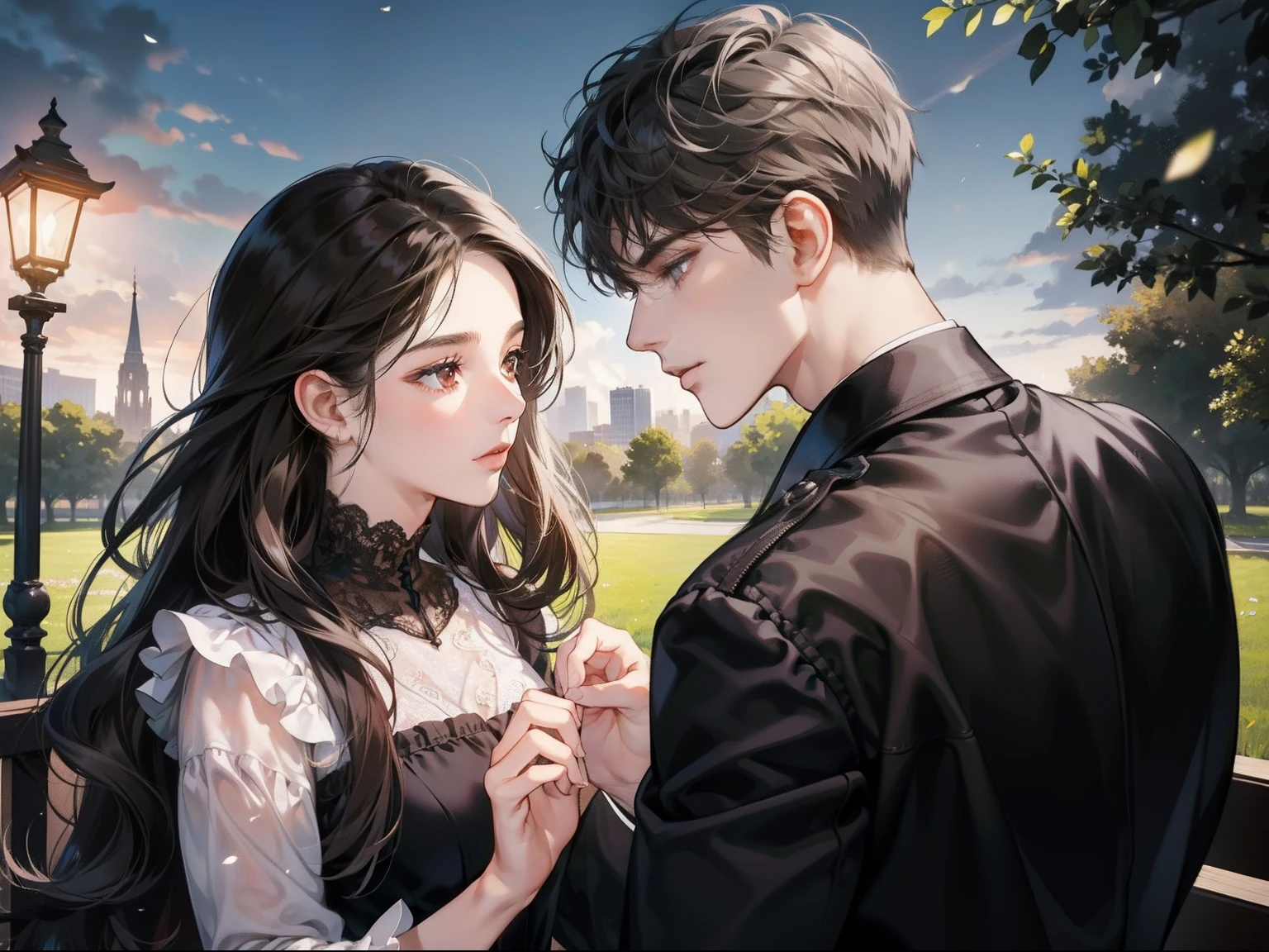 Couple, 1 girl 1 boy, different hair color, long black hair and brown eyes, short brown hair and grey eyes, romance, black suite, grey dress, in the park, face to face, romantic, dim light