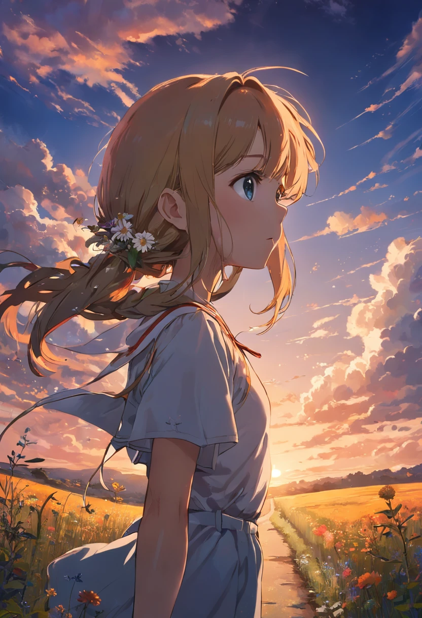 country road,Roadside weeds,Wildflower decoration,horizon,sunraise,Sky blank clouds,Childhood memories