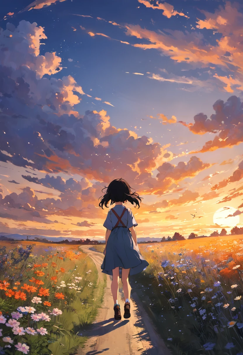 country road,Roadside weeds,Wildflower decoration,horizon,sunraise,Sky blank clouds, memories
