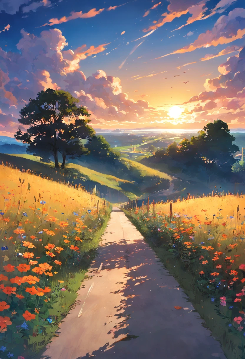 country road,Roadside weeds,Wildflower decoration,horizon,sunraise,Sky blank clouds, memories