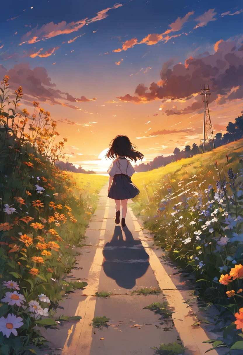 country road,Roadside weeds,Wildflower decoration,horizon,sunraise,Sky blank clouds,Childhood memories