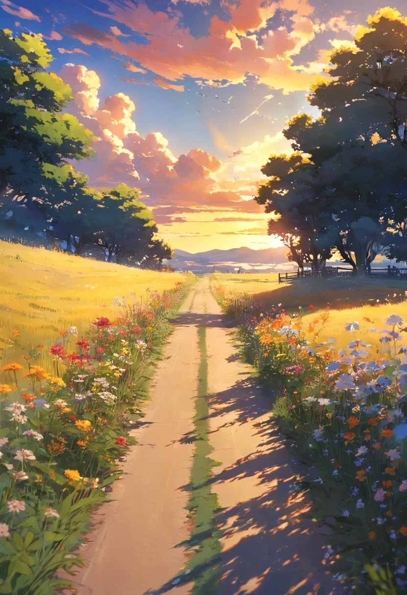 country road,Roadside weeds,Wildflower decoration,horizon,sunraise,Sky blank clouds,Childhood memories